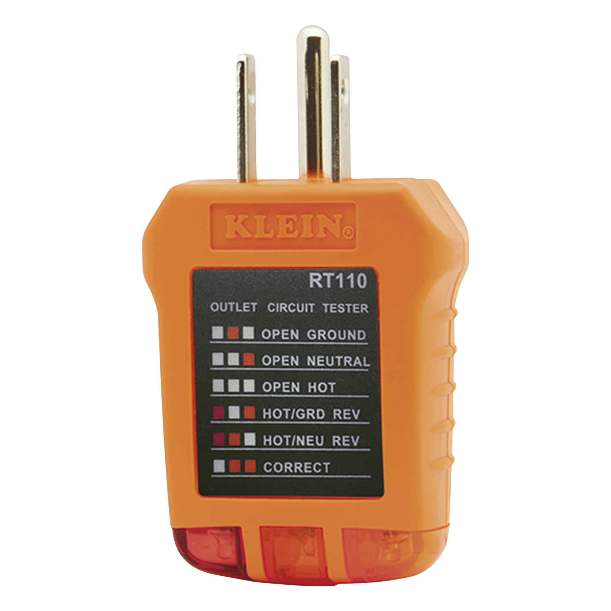 Probador de Tomacorrientes / Secuencia de Luces LED / Cableado Correcto/Incorrecto / Resistente a Caídas 2 m (6.6 ft) / UL 1436 y CSA C22.2 No. 160 / 110/125 VCA 50-60 Hz — KLEIN TOOLS · SKU RT-110