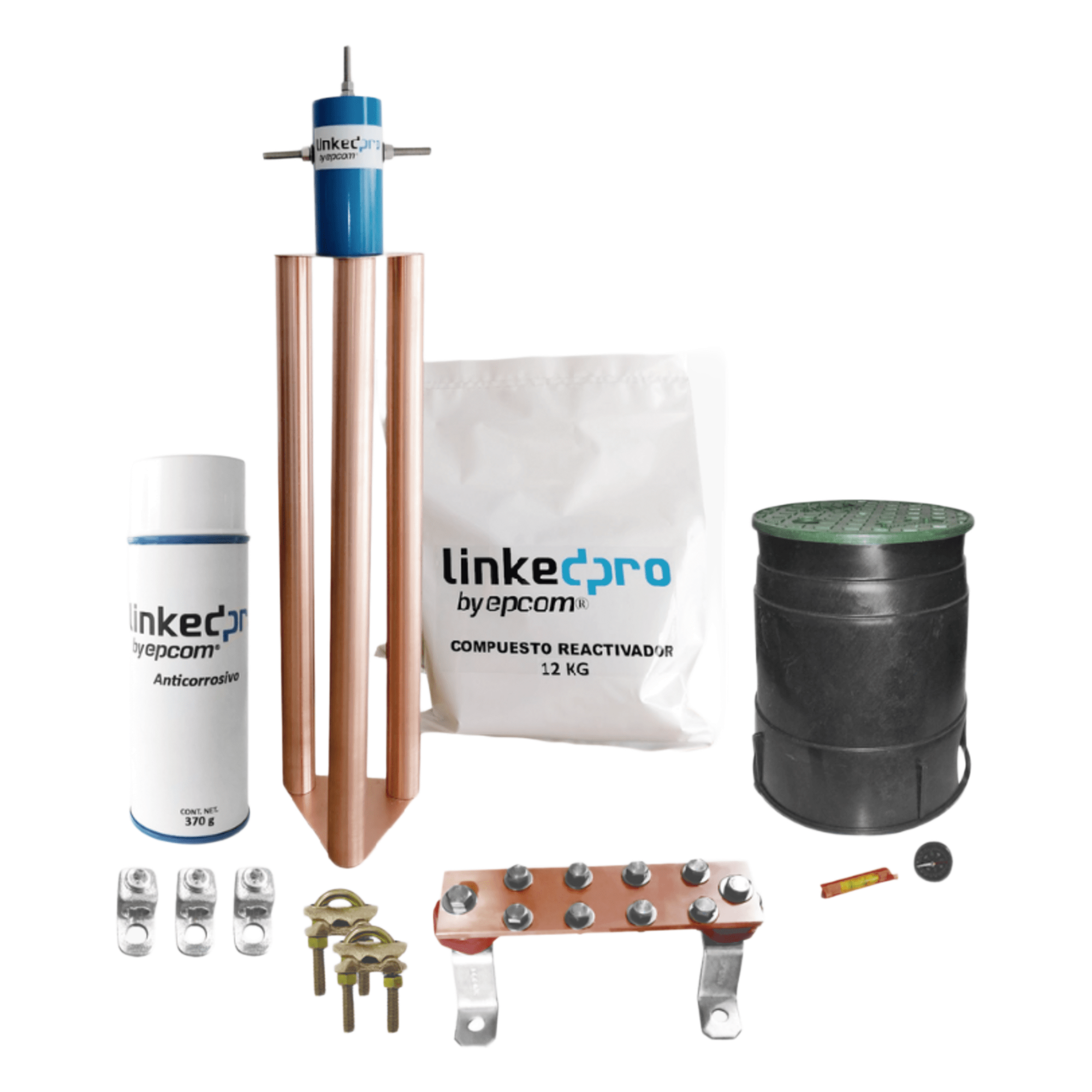 Kit Puesta a Tierra 200A / Electrodo Cobre Electrolítico / Diseño Delta / Filtro Equipotencial / Compuesto 12 kg / Barra Unión + Conectores + Registro — LINKEDPRO BY EPCOM · SKU LPGROUND200AKIT