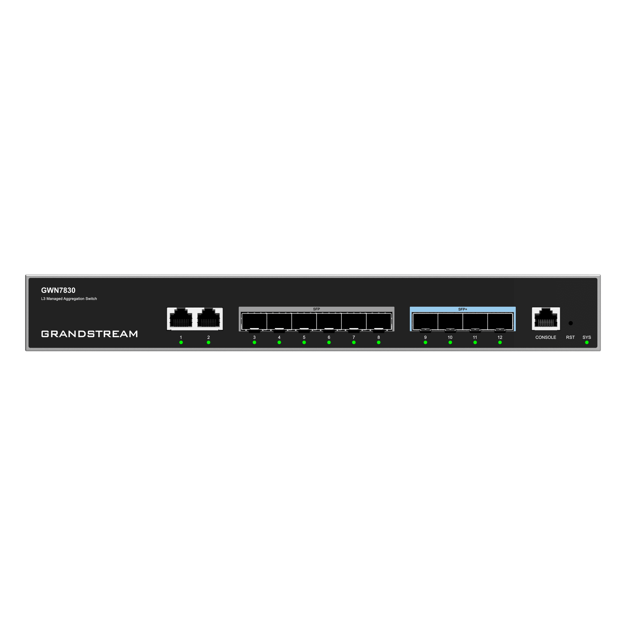 Switch de Agregación Capa 3 / 96 Gbps / 2 Puertos Gigabit Ethernet / 6 Puertos Gigabit SFP / 4 Puertos 10Gigabit SFP+ / Stacking 4 Unidades / QoS Avanzada / Dual Stack IPv4/IPv6 — GRANDSTREAM · SKU GWN7830