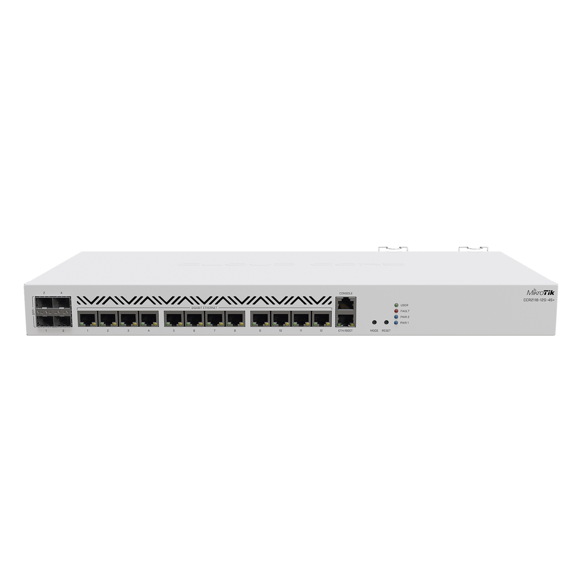 Cloud Core Router / 16 Núcleos ARM 2 GHz / 12 Puertos Gigabit / 4 SFP+ 10G / L3 Hardware Offload — MIKROTIK · SKU CCR2116-12G-4S+