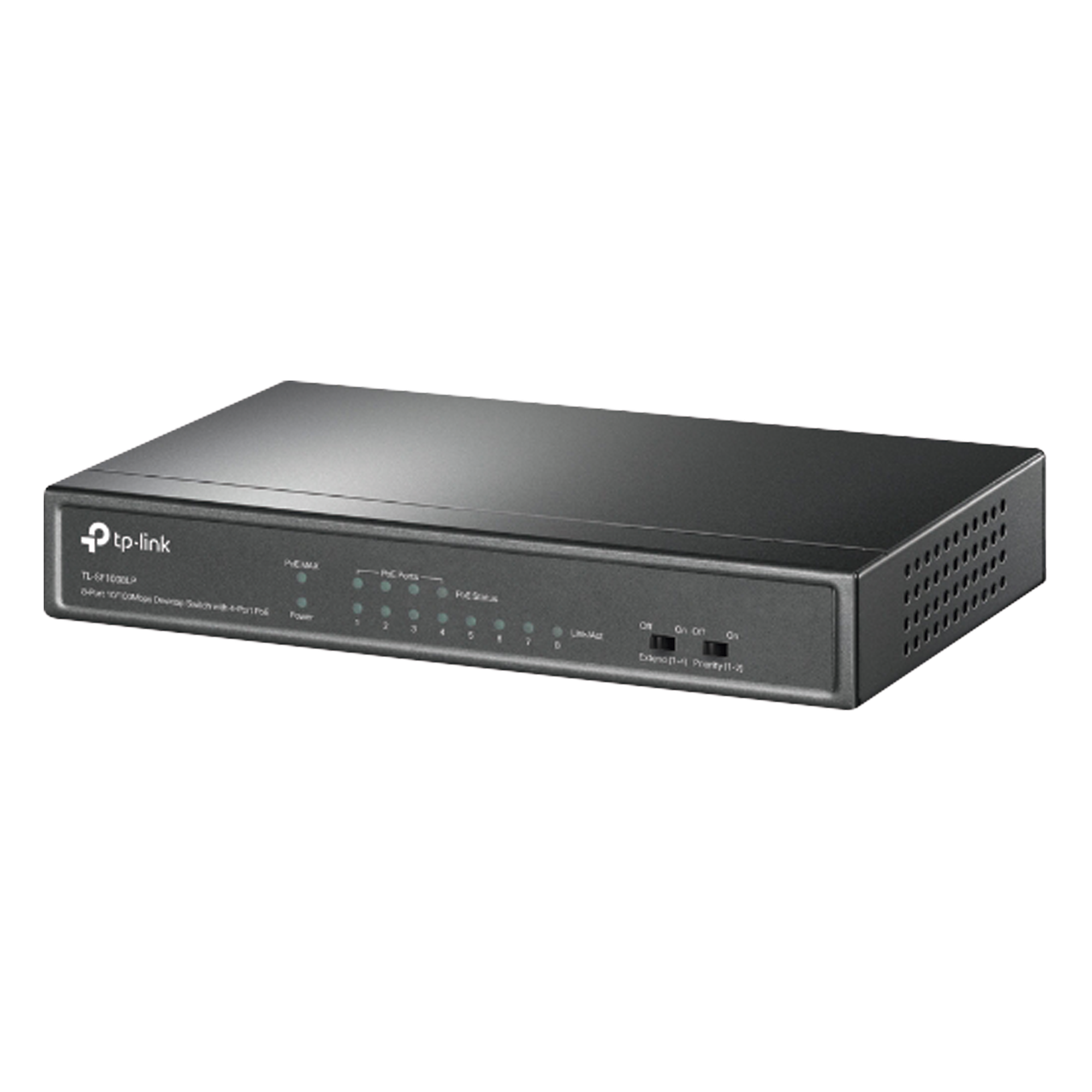 Switch PoE No Administrable / 8 puertos 10/100 Mbps / 4 puertos PoE 802.3af / Presupuesto 41 W / Extensión PoE hasta 250 m / 0.56 x 0.32 x 0.09 pies — TP-LINK · SKU TLSF1008LP