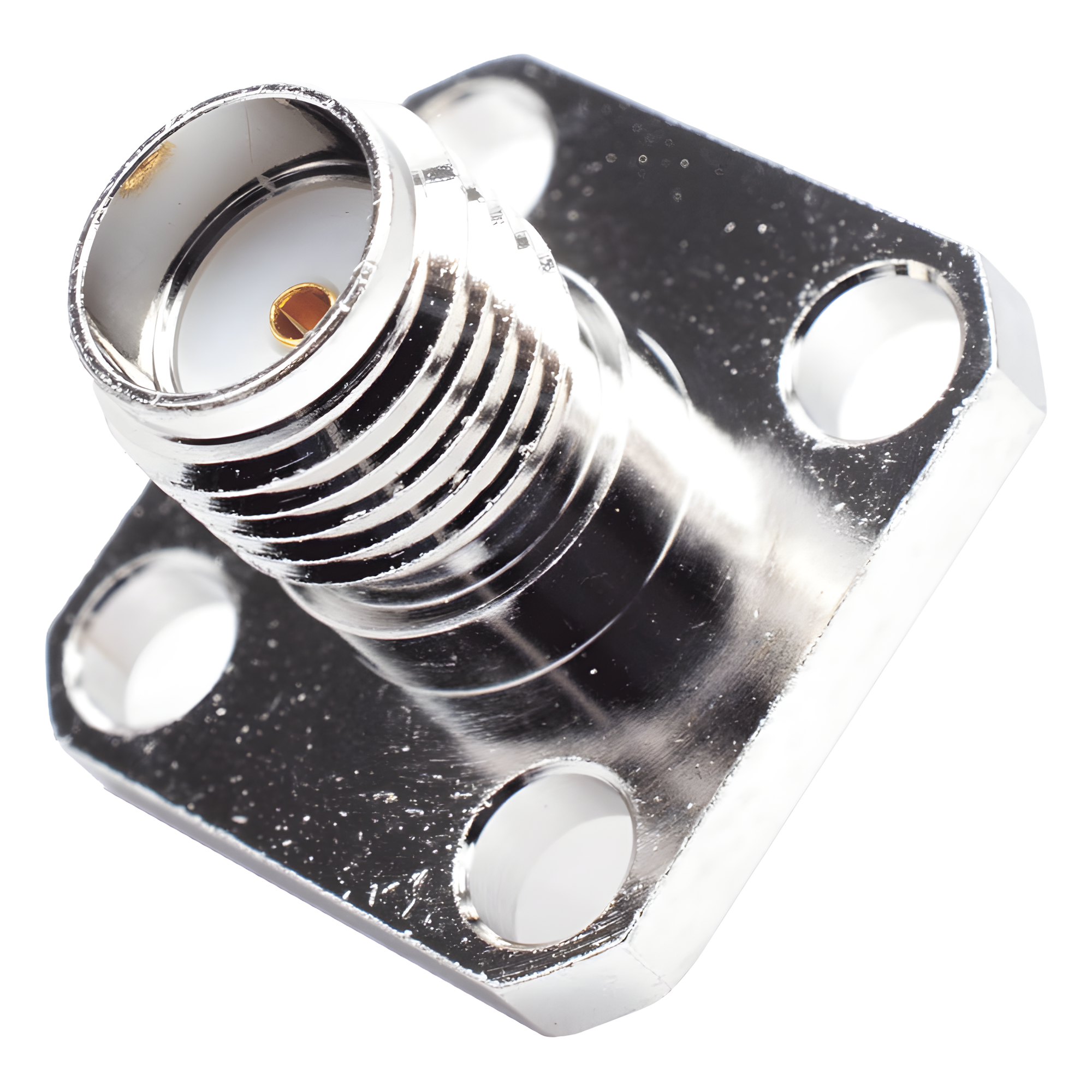 Conector SMA Hembra / Montaje Panel Cuadrado 12.7 mm (0.5 in) / 4 Perforaciones 8.64 mm (0.34 in) / Soldable / Níquel-Oro-PTFE — RF INDUSTRIES,LTD · SKU RSA-3271