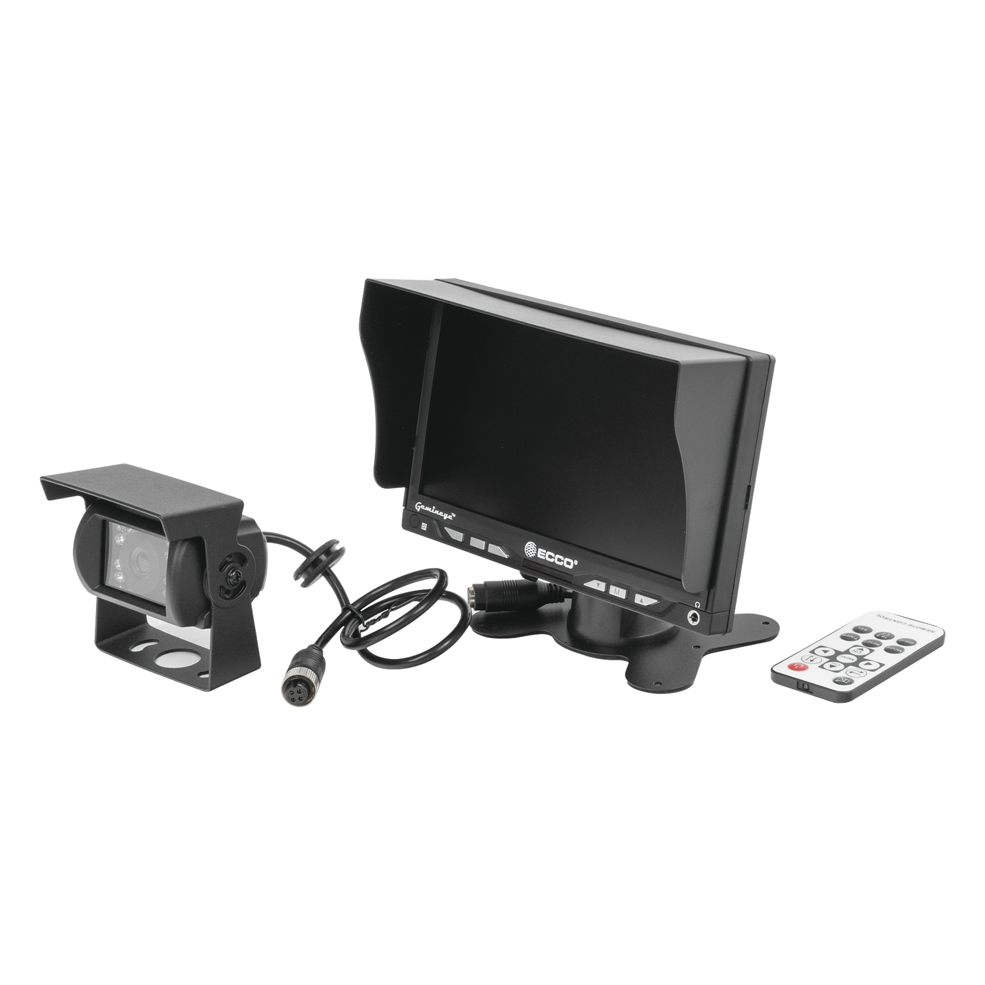 Sistema de Reversa Vehicular / Monitor LCD 7'' / Cámara CMOS IR 18 LEDs / Soporte Dual Cámara / Cable 20 m (65.6 ft) — ECCO · SKU K7000B