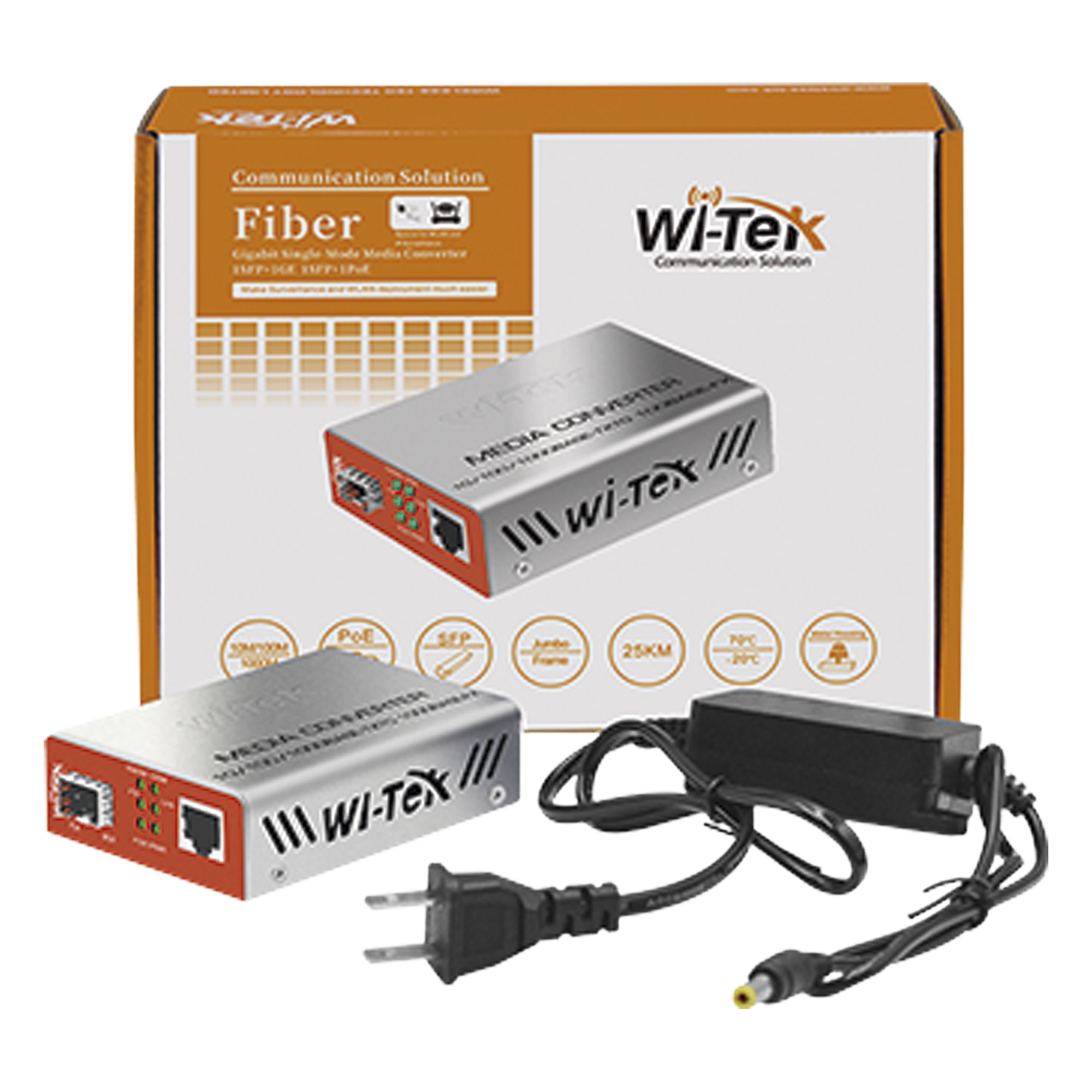 Convertidor de Medios PoE / RJ45 Gigabit 802.3af/at / SFP 1G / Alcance PoE 100 m (328.1 ft) / Fibra 25 km