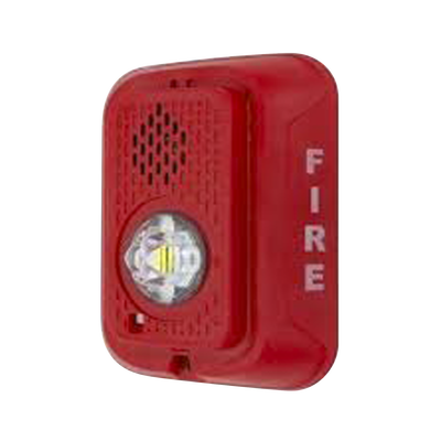 Sirena con Lámpara LED Estroboscópica / a 2 Hilos / Montaje en Pared / 24 Vcd / Configuración Estroboscópica Seleccionable / Texto en Inglés / Color Rojo 