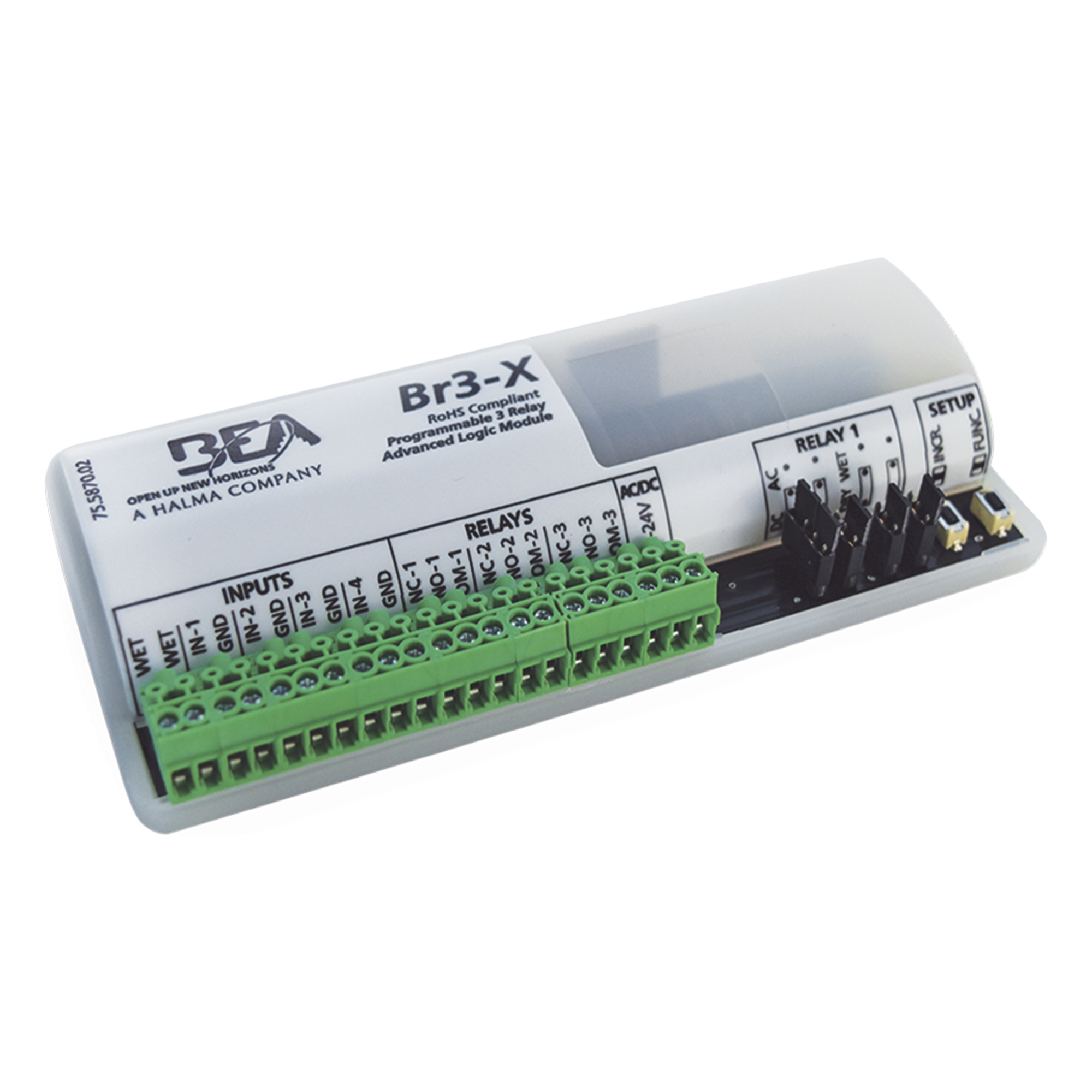 Módulo Programable / 3 Salidas de Relevador / 5 Entradas / 13 Funciones Lógicas / 12-24 VCA/VCC / -26°C a +65°C — BEA · SKU 10-BR3X