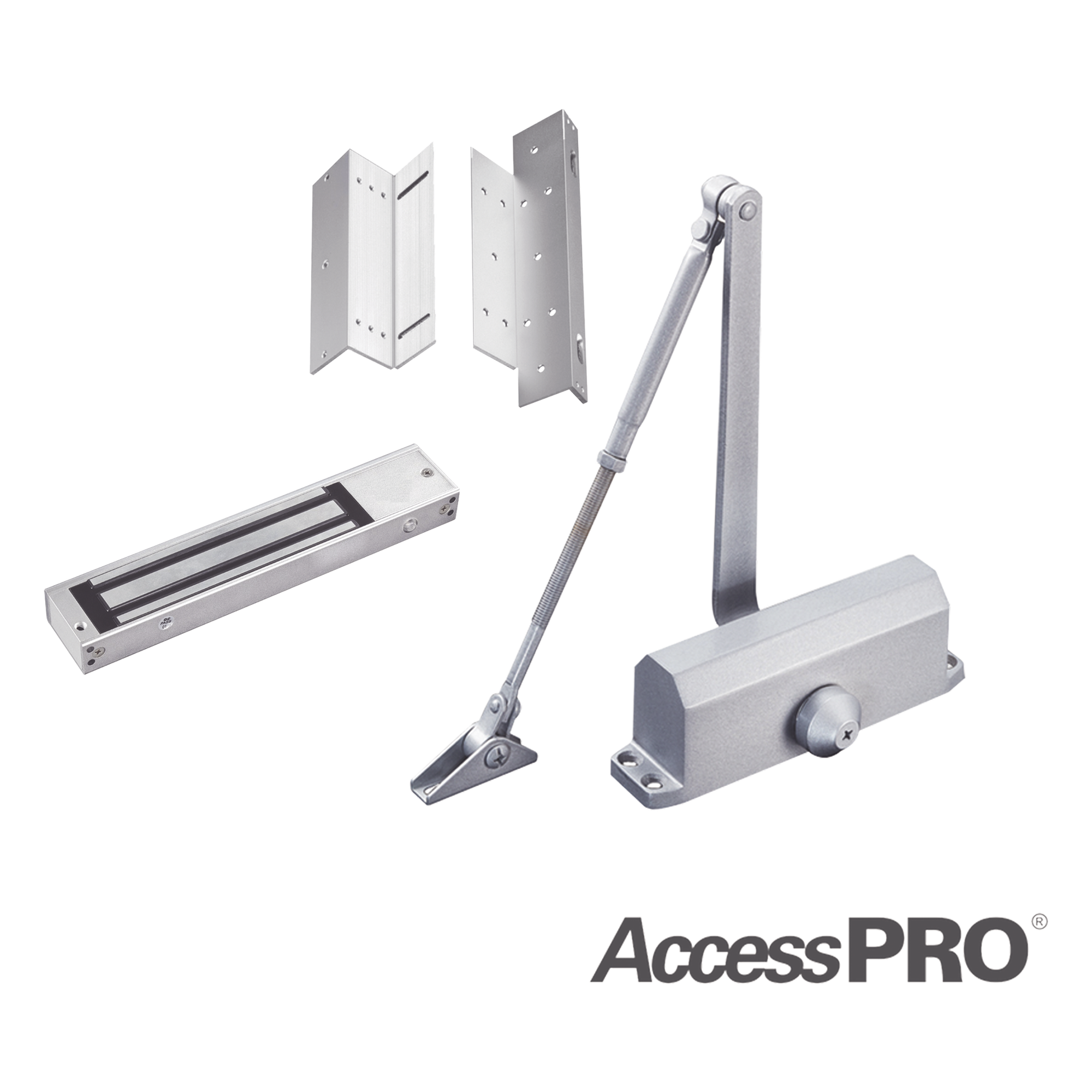 Kit de Control de Acceso / Chapa Magnética 280 kg (600 lbs) / Brackets L y Z / Cierra Puertas 45-65 kg / LED Indicador / Temporizador 1-45 s — ACCESSPRO · SKU ACCESSKIT600N