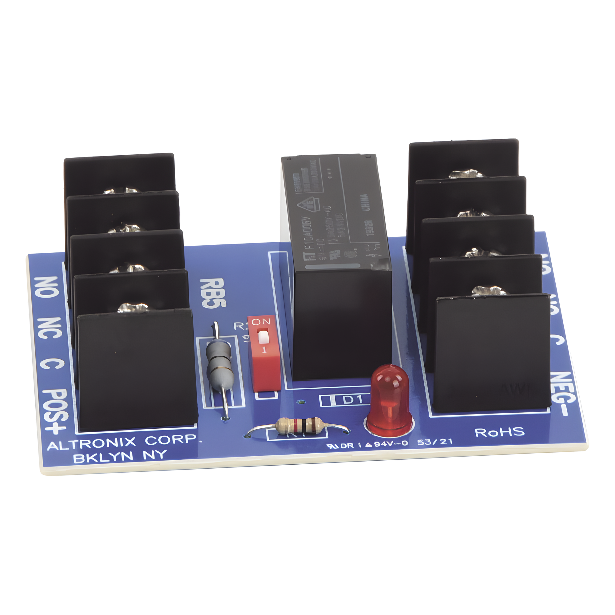 Módulo de Relé / Entrada 6/12 VDC / Contactos DPDT 5A / 220 VAC o 28 VDC / LED de Estado — ALTRONIX · SKU RB5