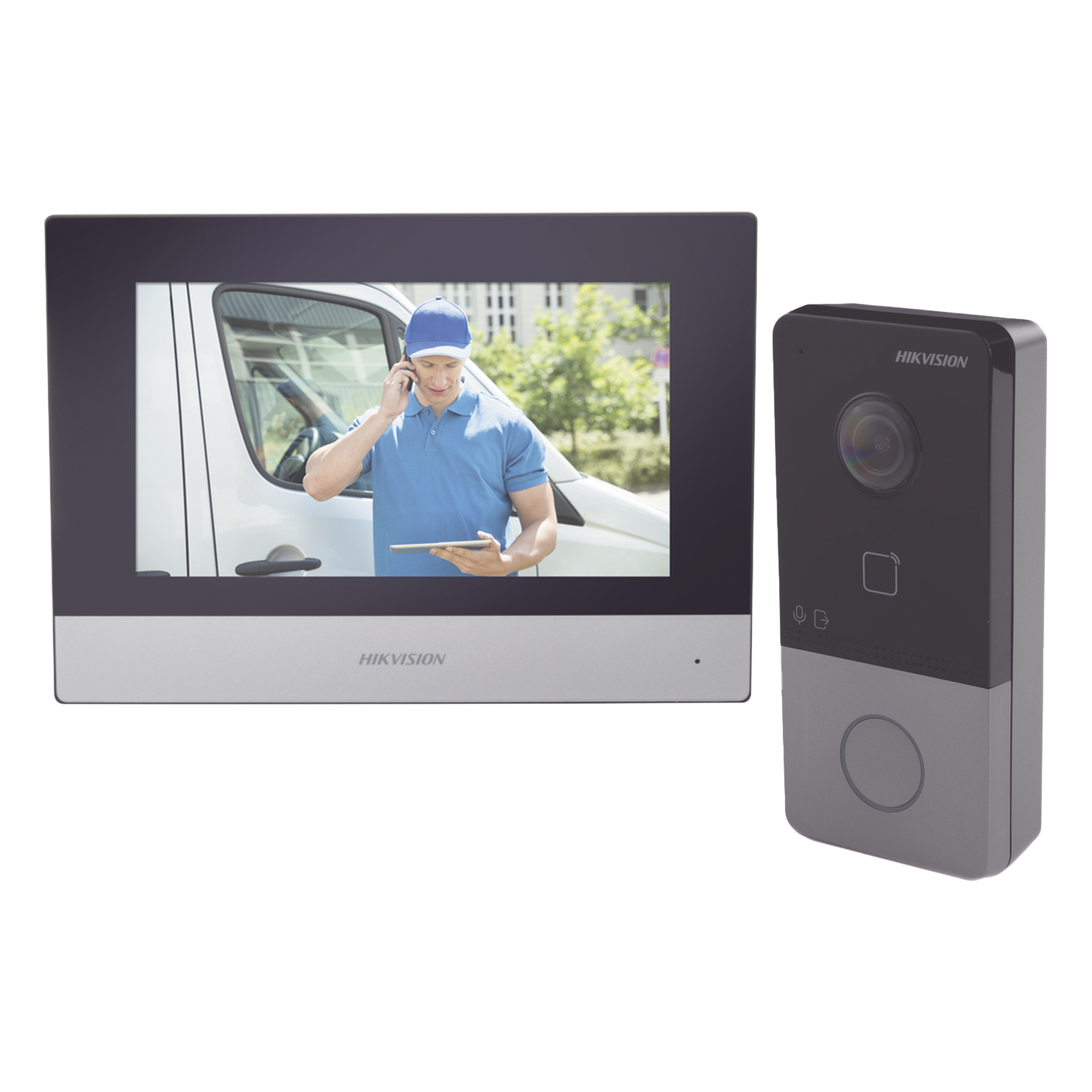 Kit de Videoportero IP / PoE / 1080p / Monitor Táctil 7" / IR 3 m (9.8 ft) / Lector MIFARE / IP65 / 1 Departamento — HIKVISION · SKU DS-KIS603-P