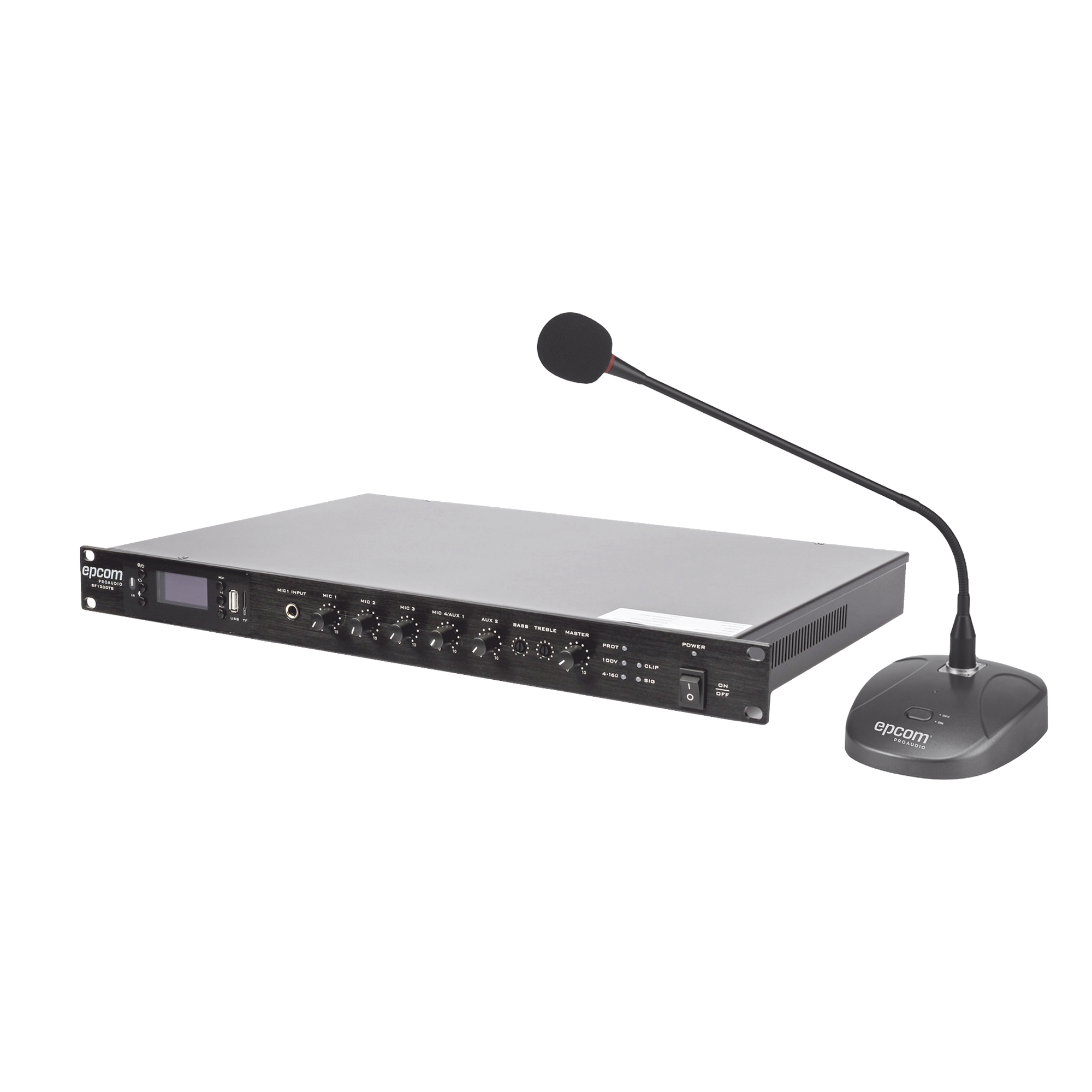 Kit Amplificador de Voceo / 120W RMS / Salida 100V/4Ω / Bluetooth / USB / MP3 / FM / 4 Entradas de Micrófono / Micrófono de Escritorio — EPCOM PROAUDIO · SKU SF120DTB/MIC
