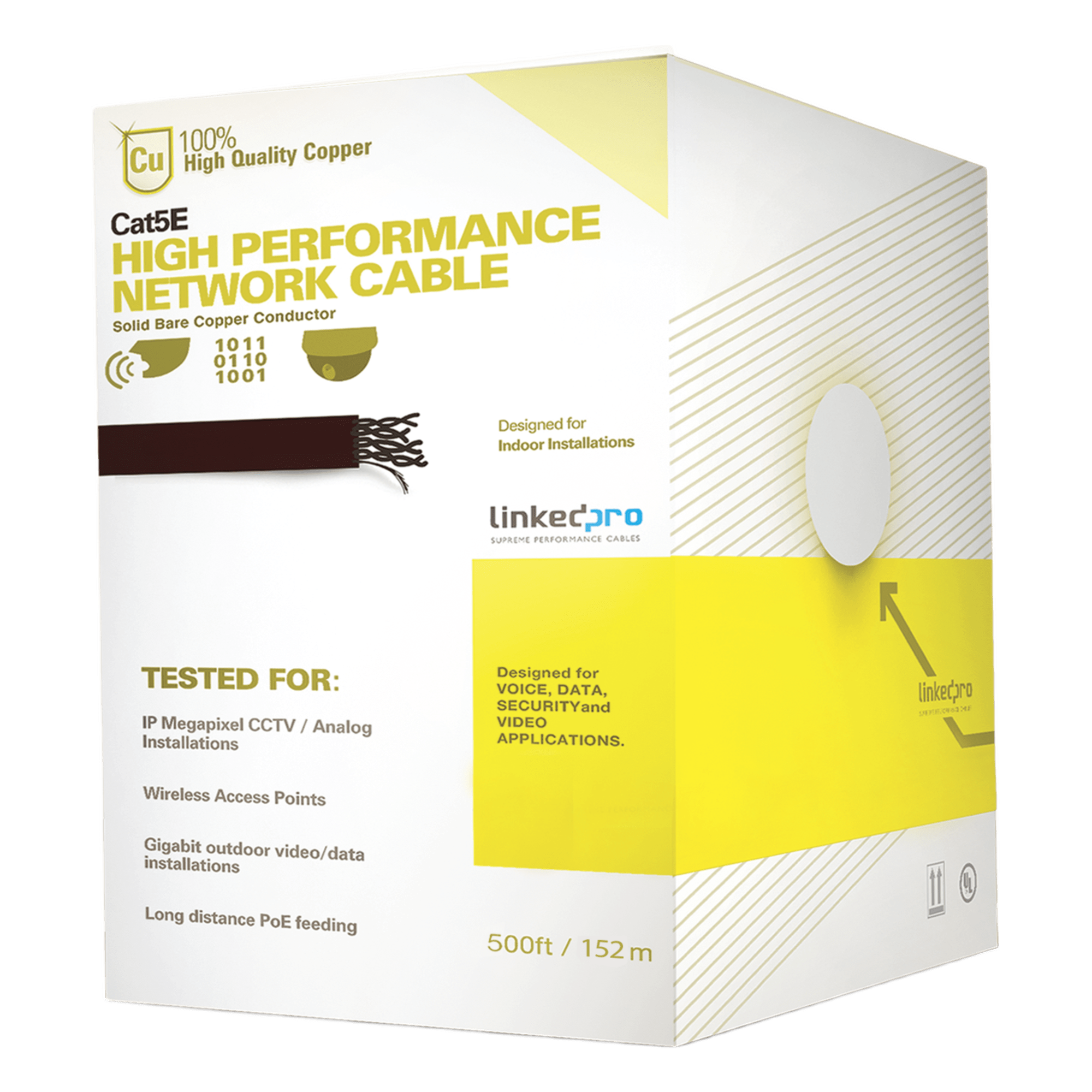 Cable UTP Cat5e / 24 AWG Cobre / 152.5 m (500 ft) / 100 MHz / PoE / Interior — LINKEDPRO BY EPCOM · SKU PRO-CAT-5E-W/500