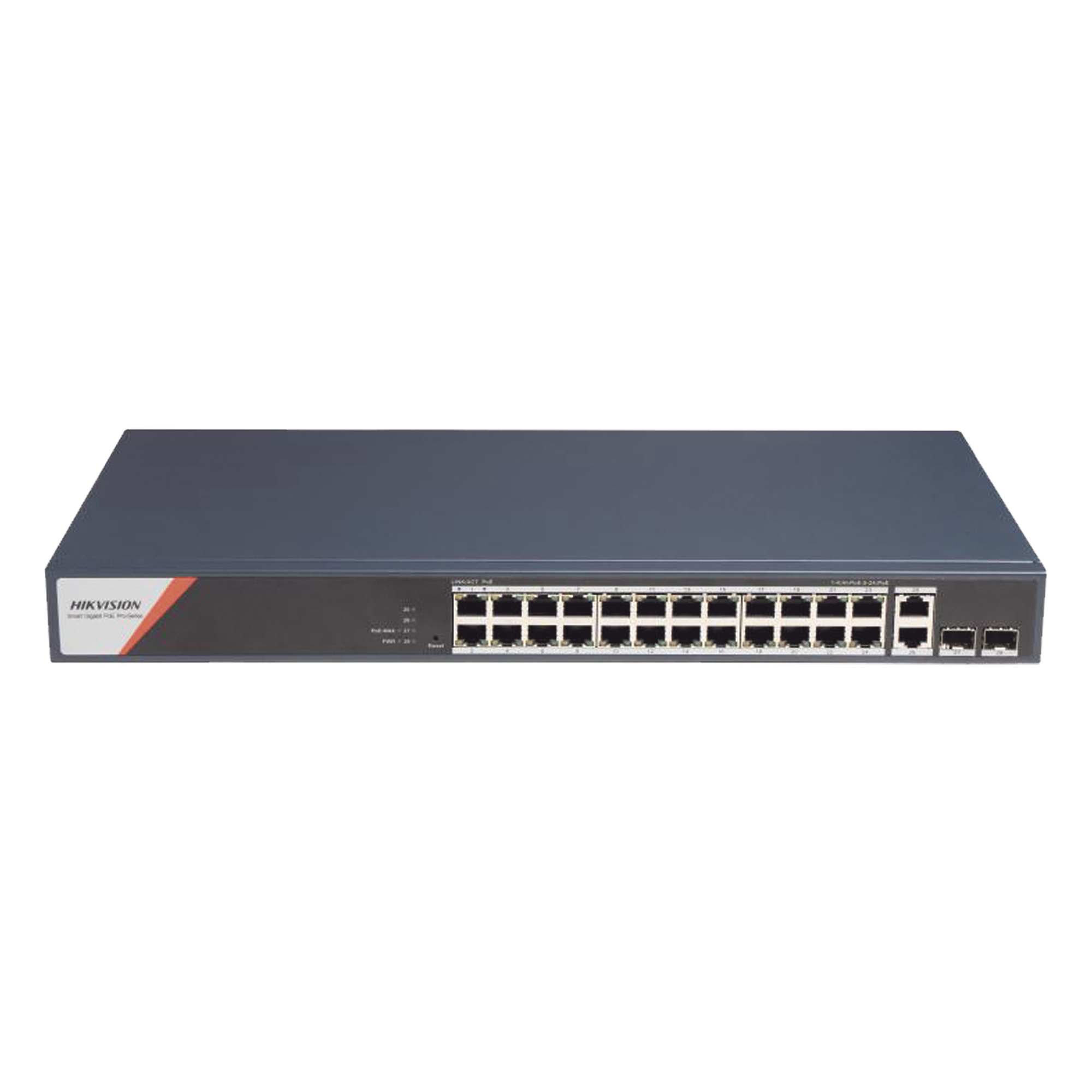 Switch PoE+ Industrial Administrable / 24 Puertos Gigabit PoE+ (4 Puertos PoE++ 90 W) / 2 Puertos Uplink Gigabit / 2 Puertos SFP / Alcance Extendido 300 m (984.3 ft) / 370 W — HIKVISION · SKU DS-3E1528HP-SI-24P2T2F