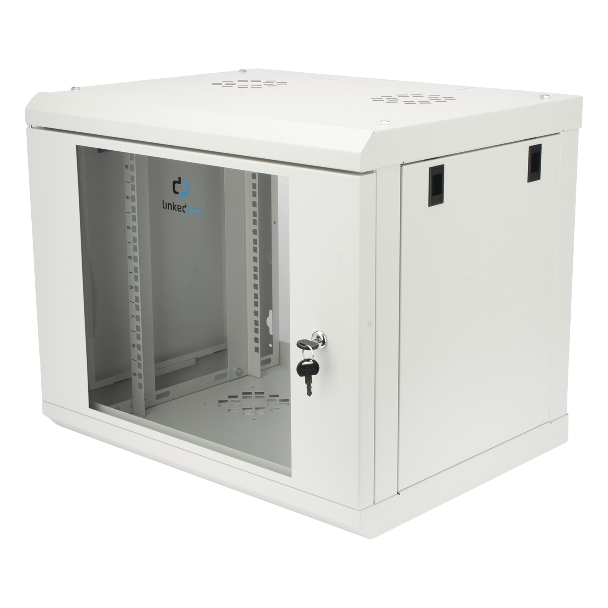 Gabinete de Pared 9U / Rack 19" / Cristal Templado / Profundidad 479.5 mm / Carga 80 kg / Acero Reforzado — LINKEDPRO · SKU SR1909LH3GW