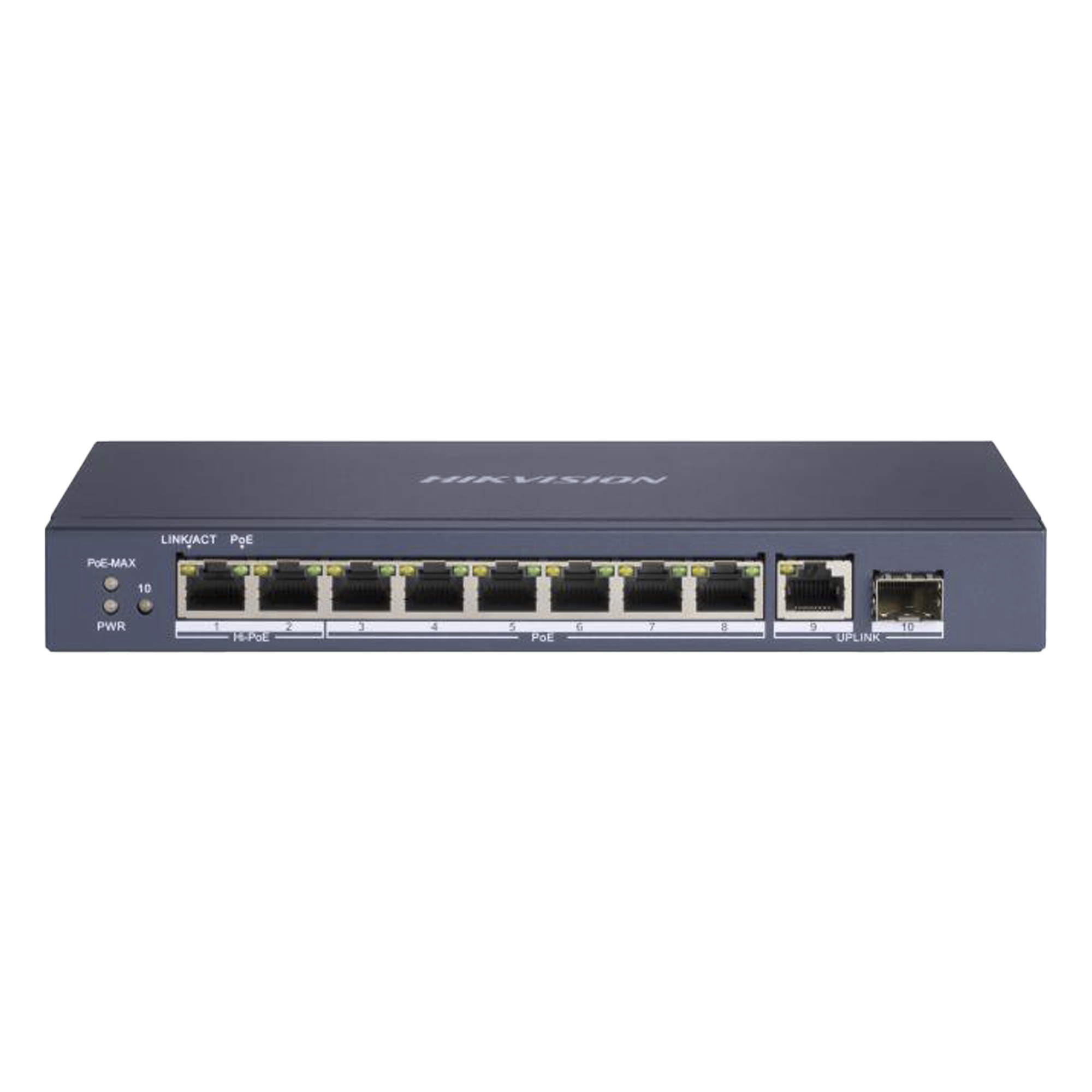 Switch PoE+ / 7 Puertos Gigabit 802.3af/at 30W / 2 Puertos Hi-PoE 90W / 1 Puerto Uplink Gigabit / 1 Puerto SFP / Modo Extendido 300 m (984 pies) / 110 W Total — HIKVISION · SKU DS-3E0510HP-E
