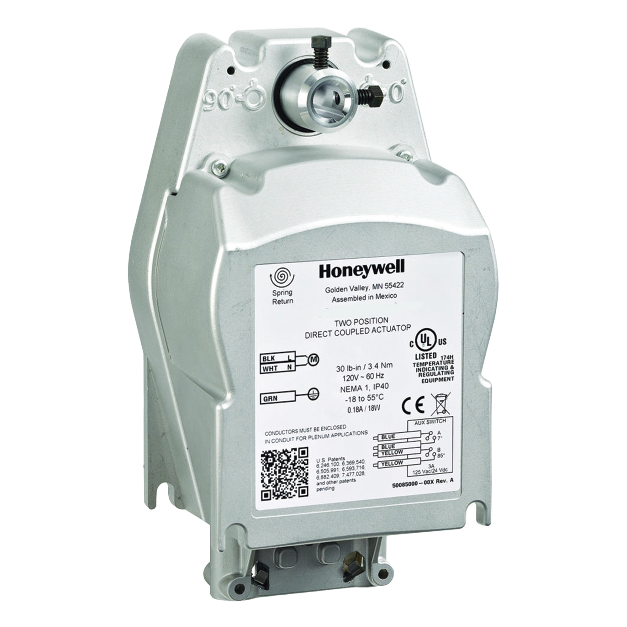 Actuador Dos Posiciones / Acción Rápida / Retorno Resorte 15 s / 80 lb-in / 350°F (176°C) / 120 Vac / Carrera 95° / UL555S — HONEYWELL BMS · SKU MS4109F1010/U