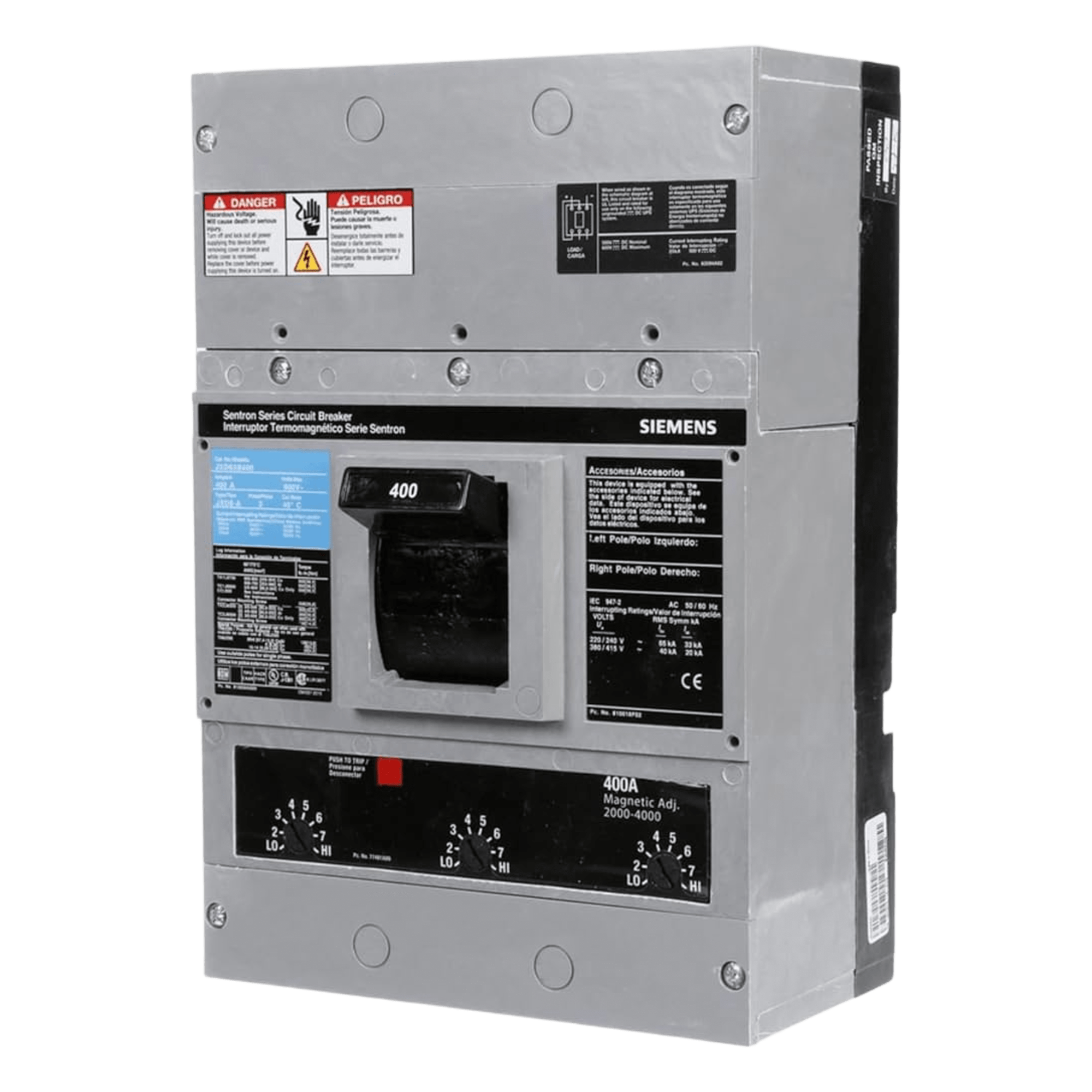 Interruptor Termomagnético / 600V CA / 3 Polos / 400A / Capacidad Interruptiva 65 kA / Sin Zapatas Principales — SIEMENS · SKU JXD63B400