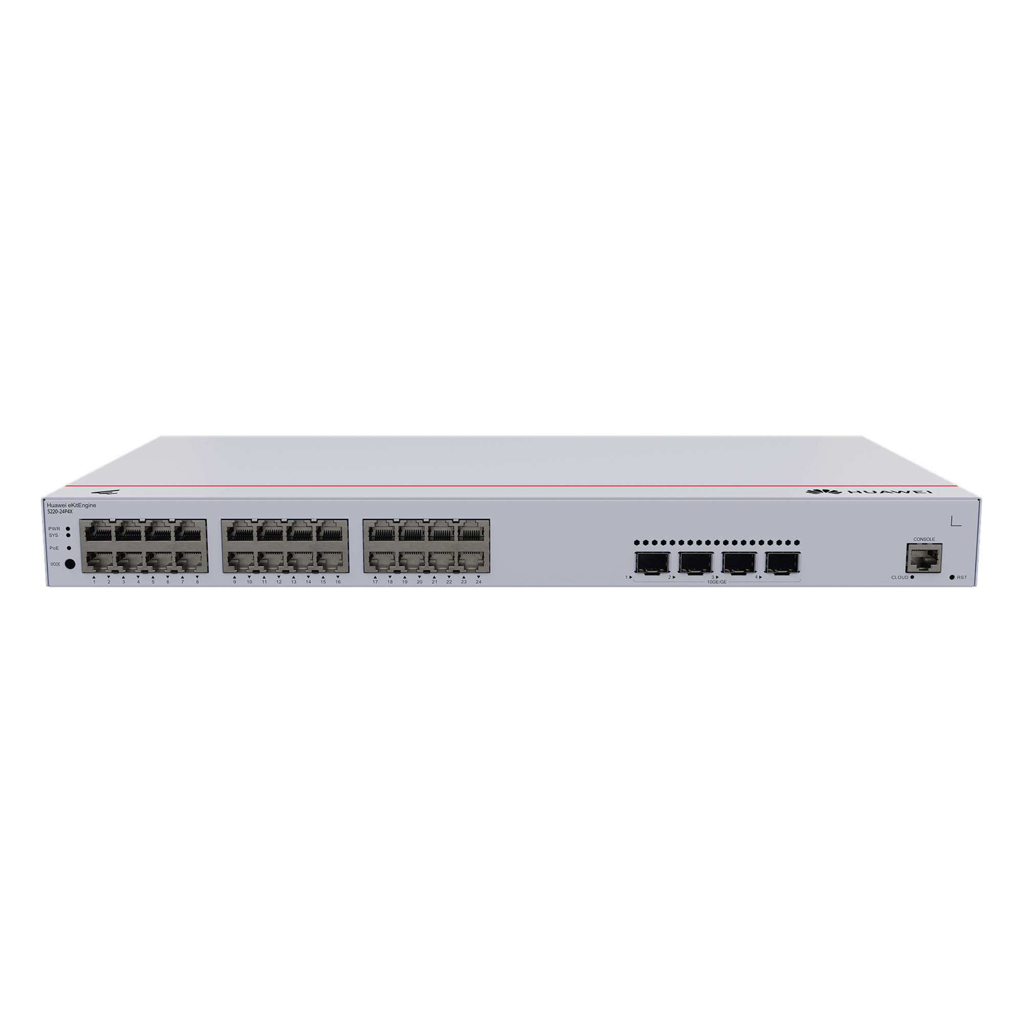 Switch Administrable Capa 2 / 24 Puertos PoE+ Gigabit / 4 Puertos SFP+/SFP 10G / PoE Perpetuo / 400 W PoE / 128 Gbps / 95 Mpps — HUAWEI · SKU S220-24P4X