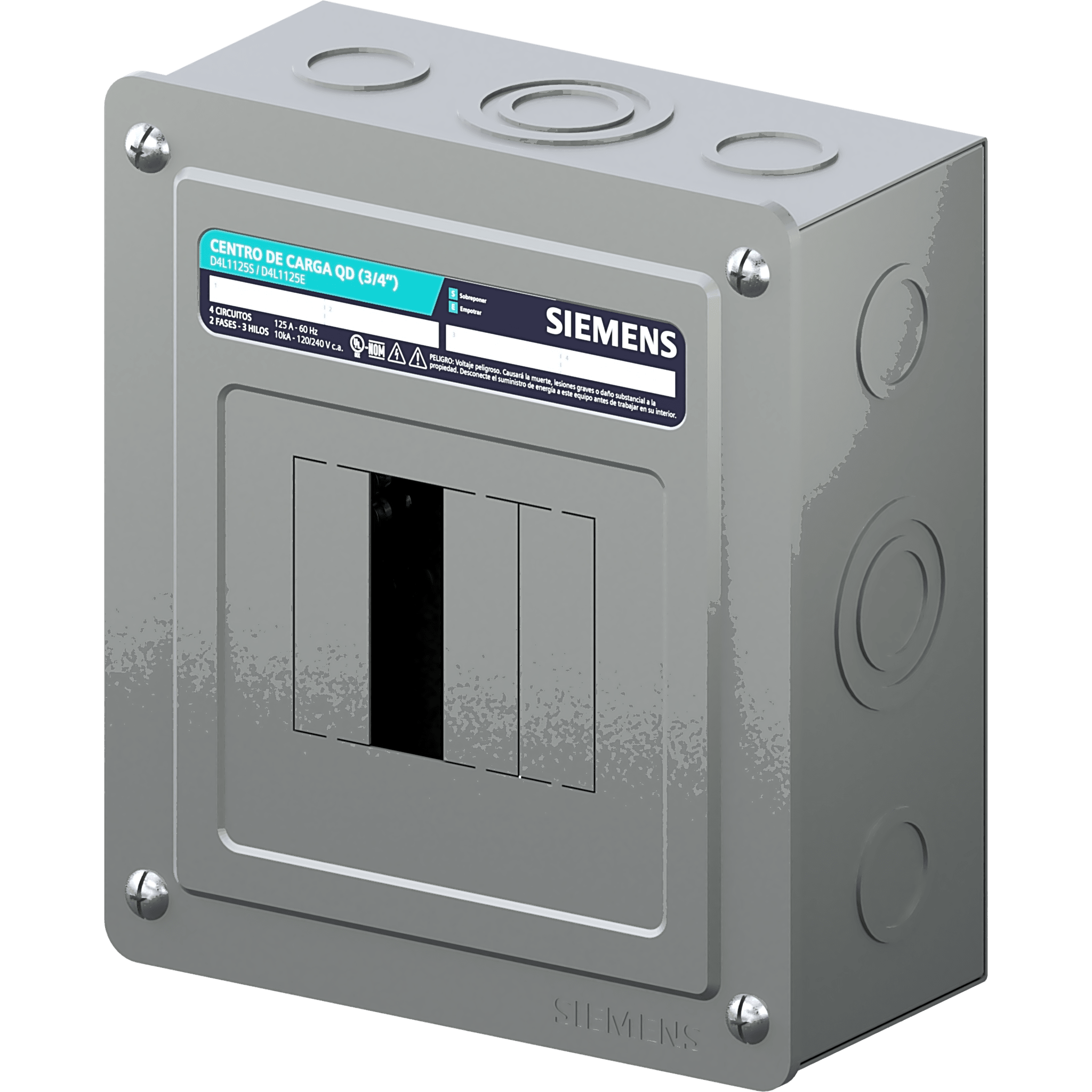 Centro de Carga Monofásico / 4 Polos / 125 A / 120/240 VCA / NEMA 1 / 10 kA / Sobreponer — SIEMENS · SKU D4L2125S