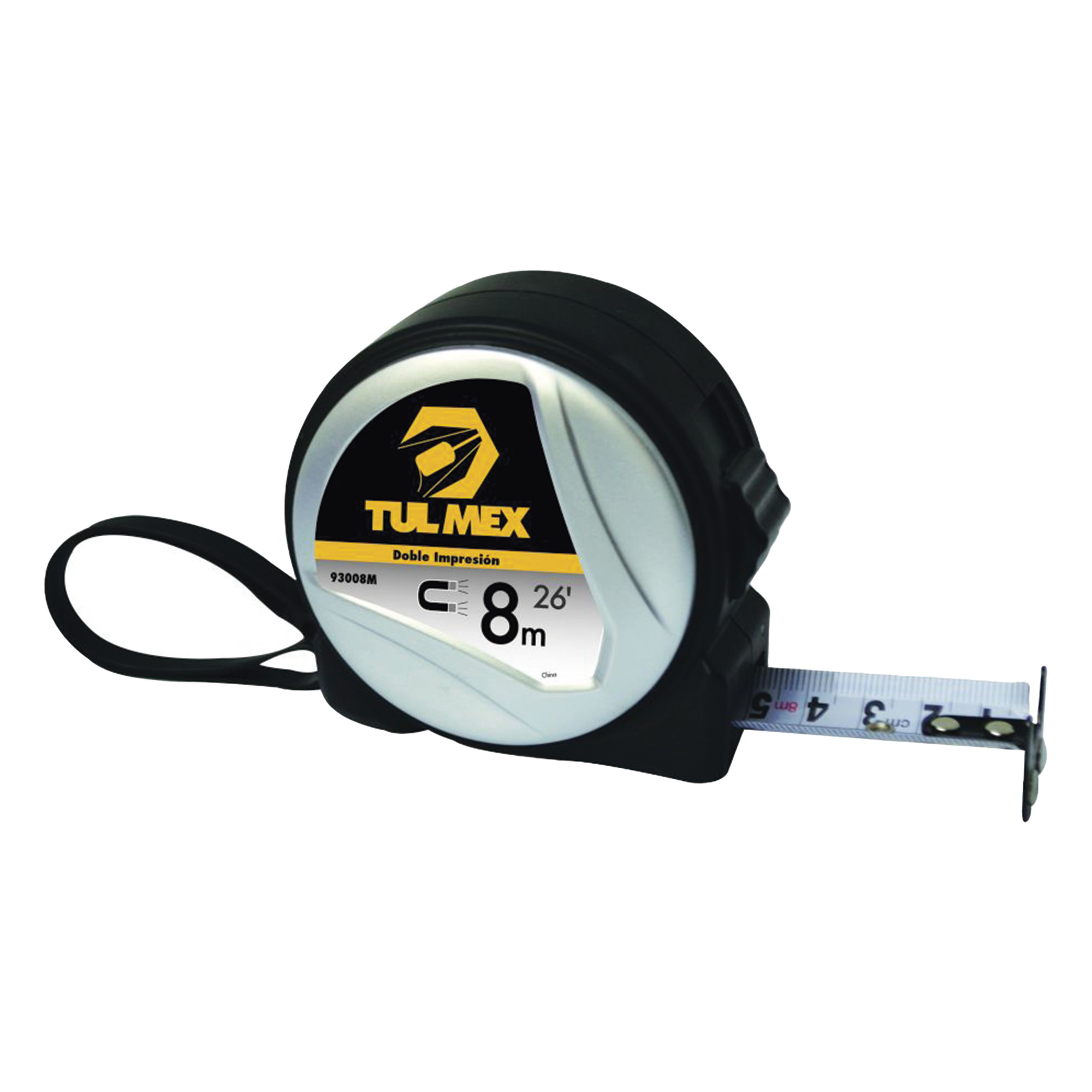 Flexómetro Magnético / 8 m (26.2 ft) / Cinta 0.11 mm / Doble Graduación / ABS Termorresistente / Agarre Soft Touch — TULMEX · SKU 93008M
