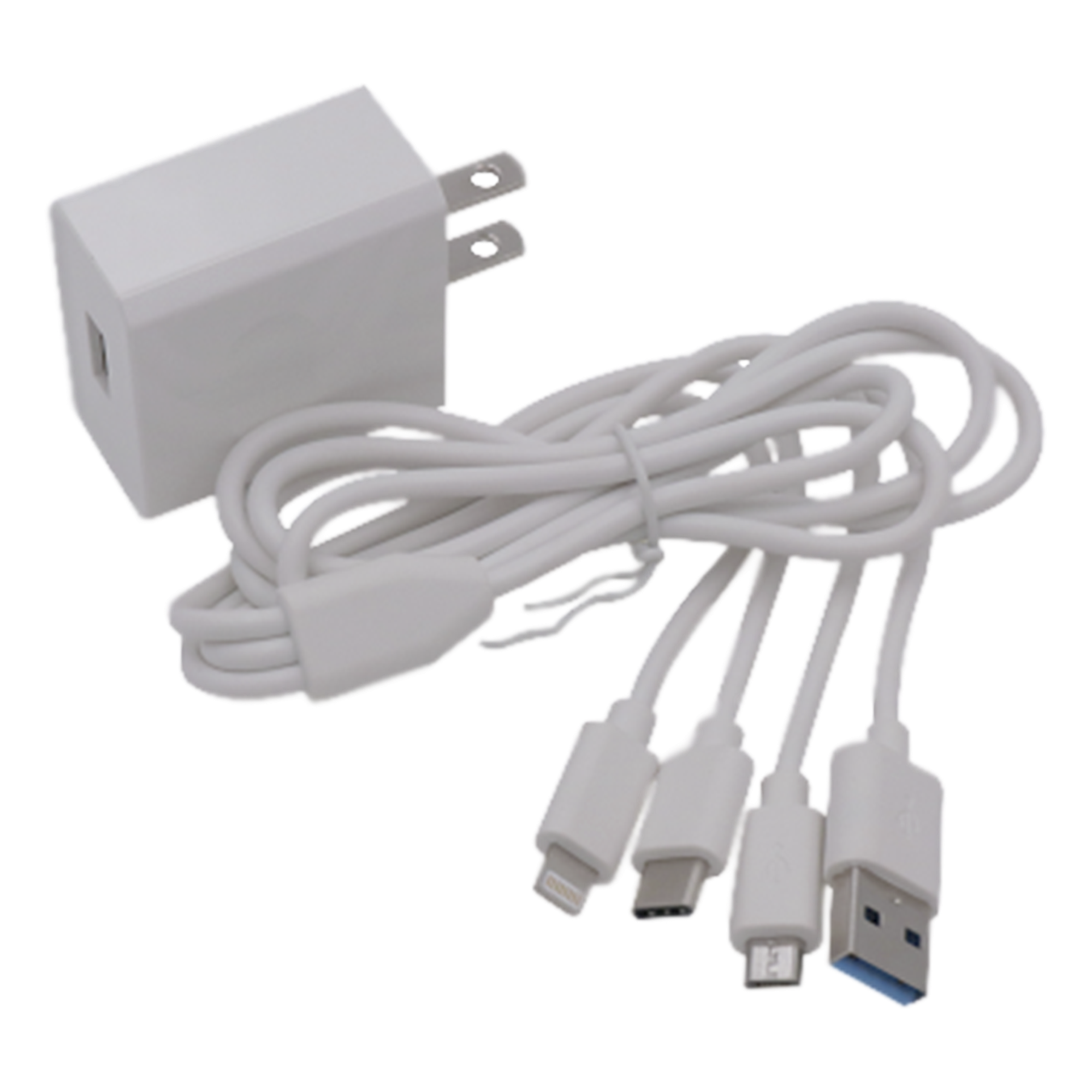 Cargador de pared USB de 5 Vcc 2A / Multi-puertos / USB-C / Micro USB / Tipo C / Lightning (iPhone) / Extensión de cable 1.2 metros