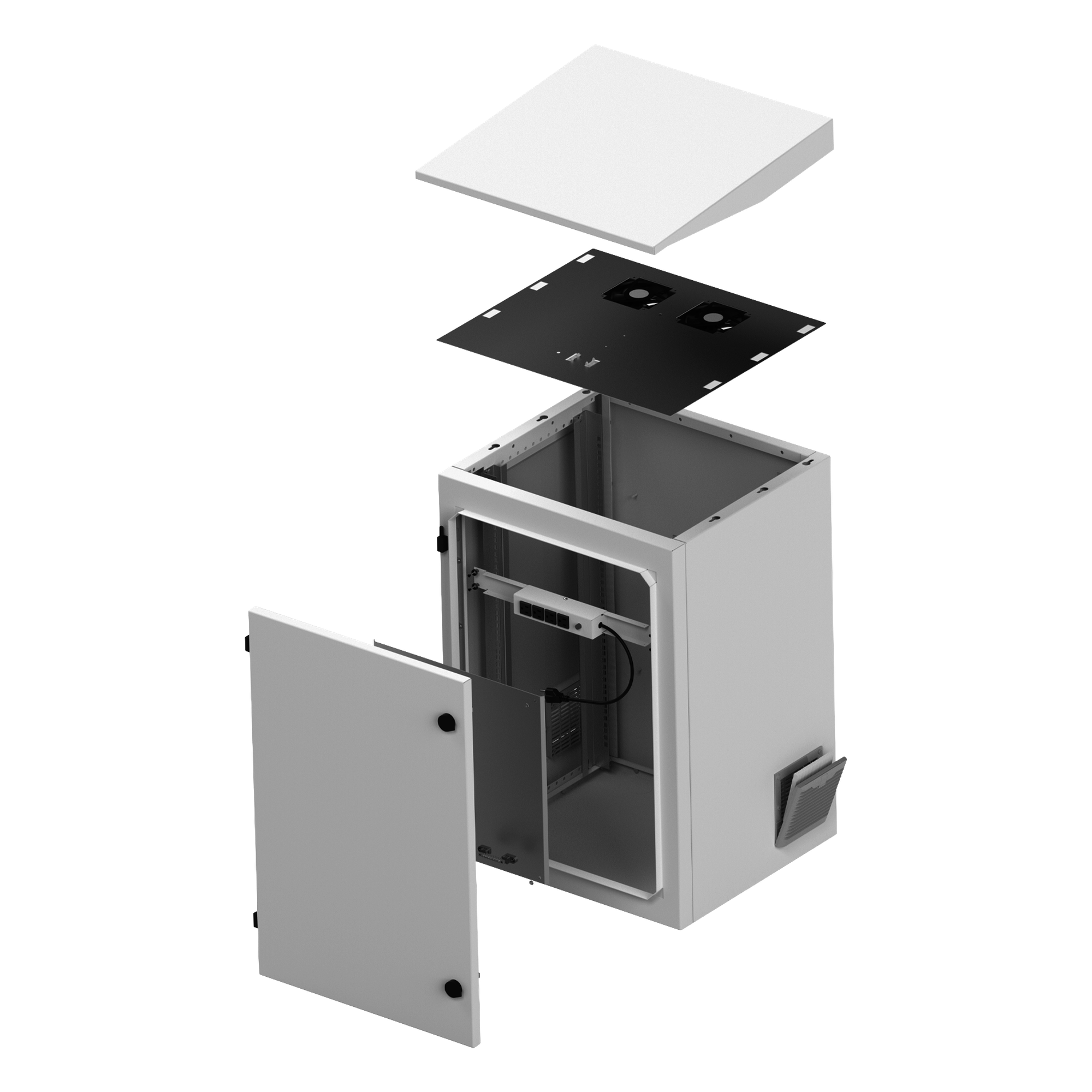 Gabinete Exterior IP / Rack 19" 24U / Ventiladores con Termostato / Acero Galvanizado / Filtro Antipartículas / Cerradura Doble