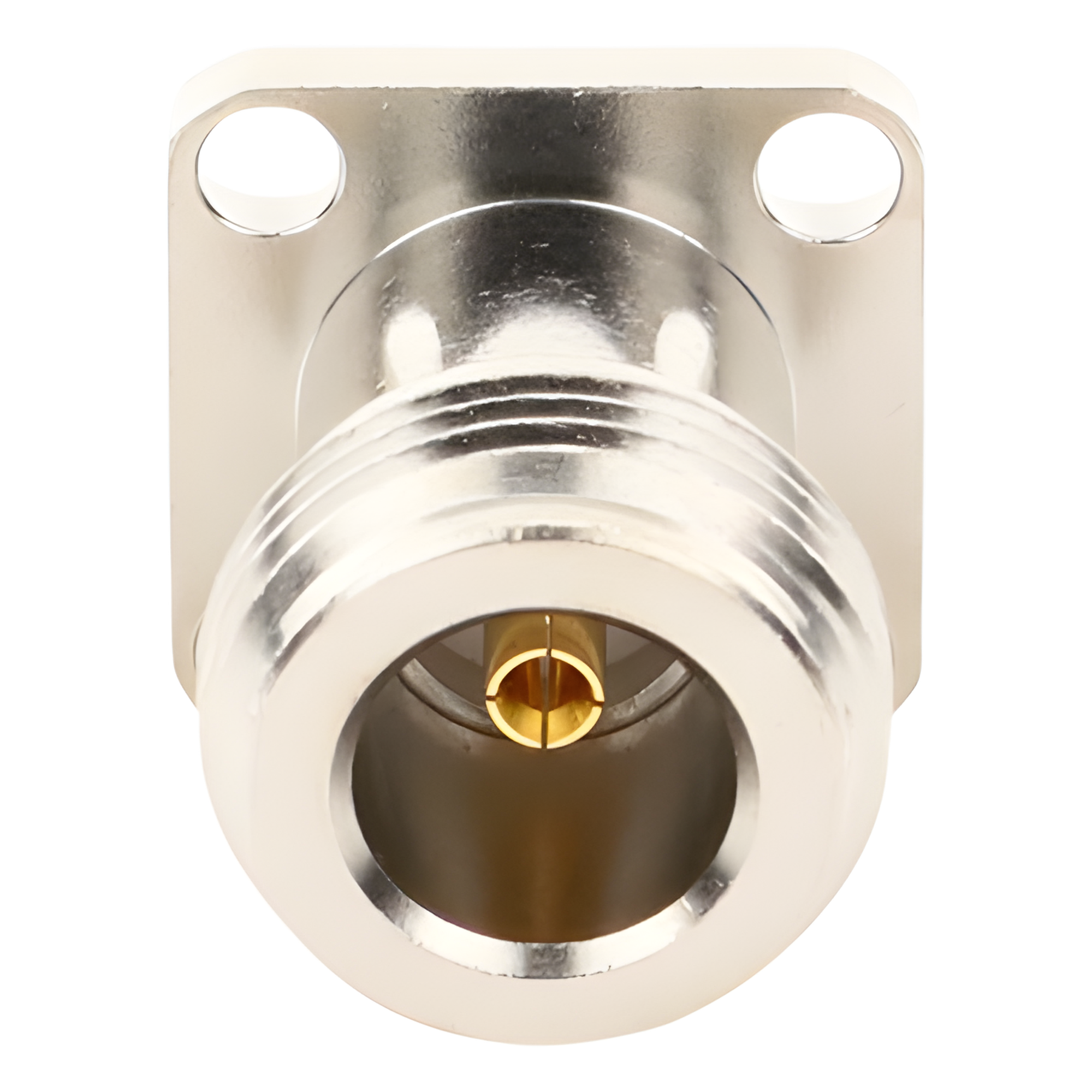 Conector RF N Hembra / Montaje Panel Cuadrado 17.5 mm / 4 Perforaciones 12.7 mm (0.5 in) / Soldable / Contacto Oro / Aislante Teflón