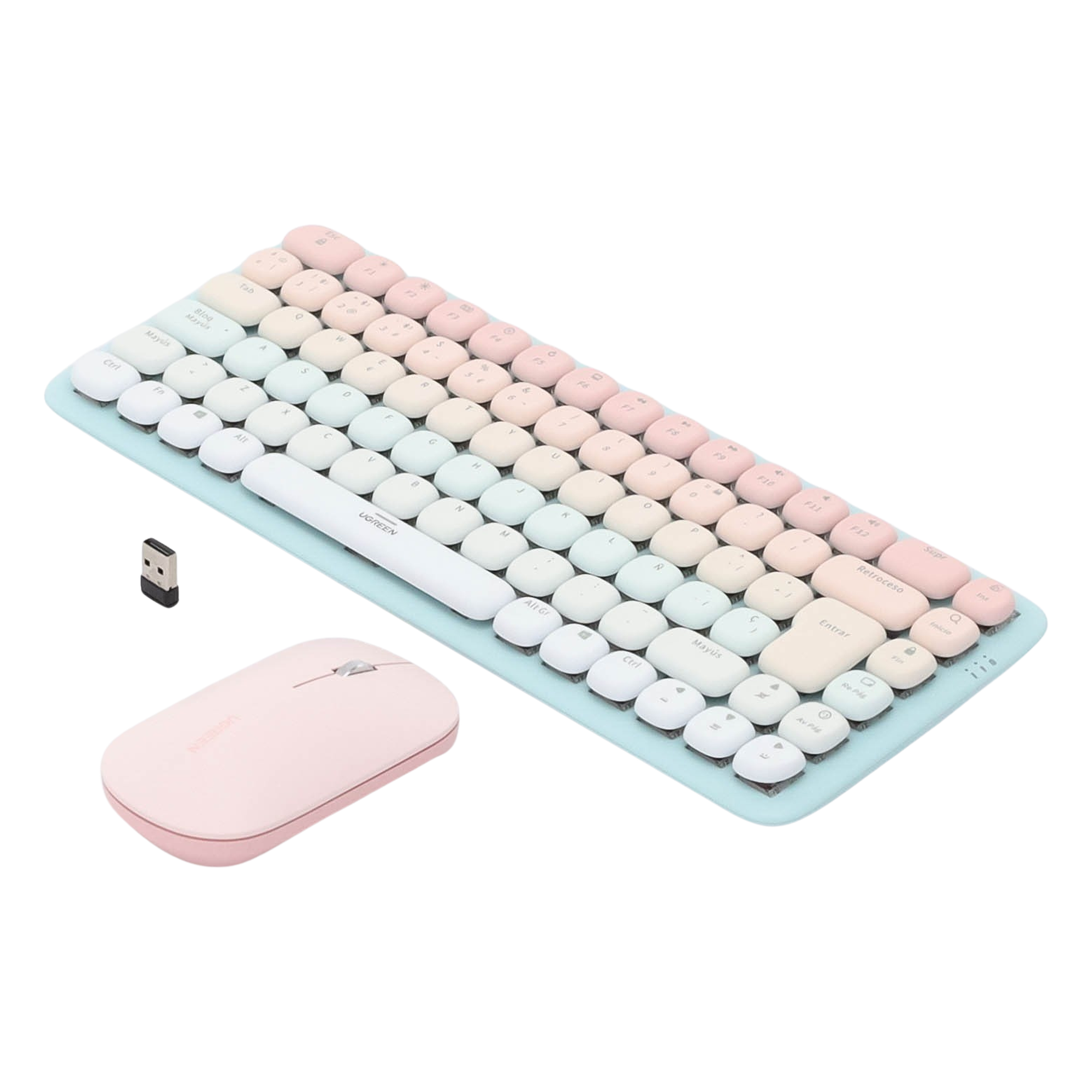 Paquete de Teclado y Mouse | 85 teclas en Español | Bluetooth y 2.4GHz |  Mouse Ambidiestro  | Sensor de DPI ajustable | Efectos de Iluminación del Teclado | Amplia compatibilidad | Color Rosa.