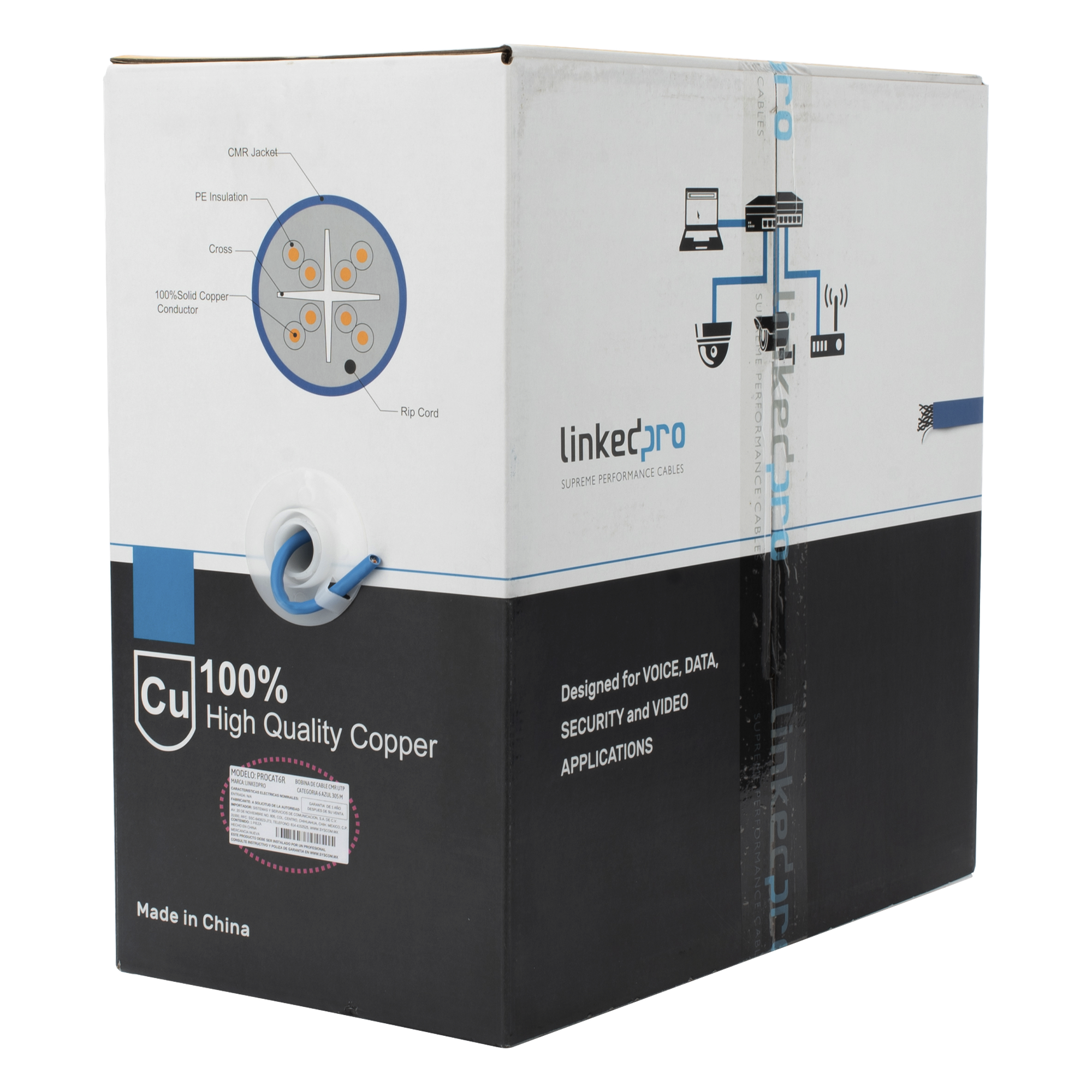 Bobina de Cable / Cat6+ / 305 m (1000 ft) / CMR / Calibre 23 / 250 MHz / UL ETL / Super Flexible / Azul / Interior — LINKEDPRO BY EPCOM · SKU PRO-CAT6-R