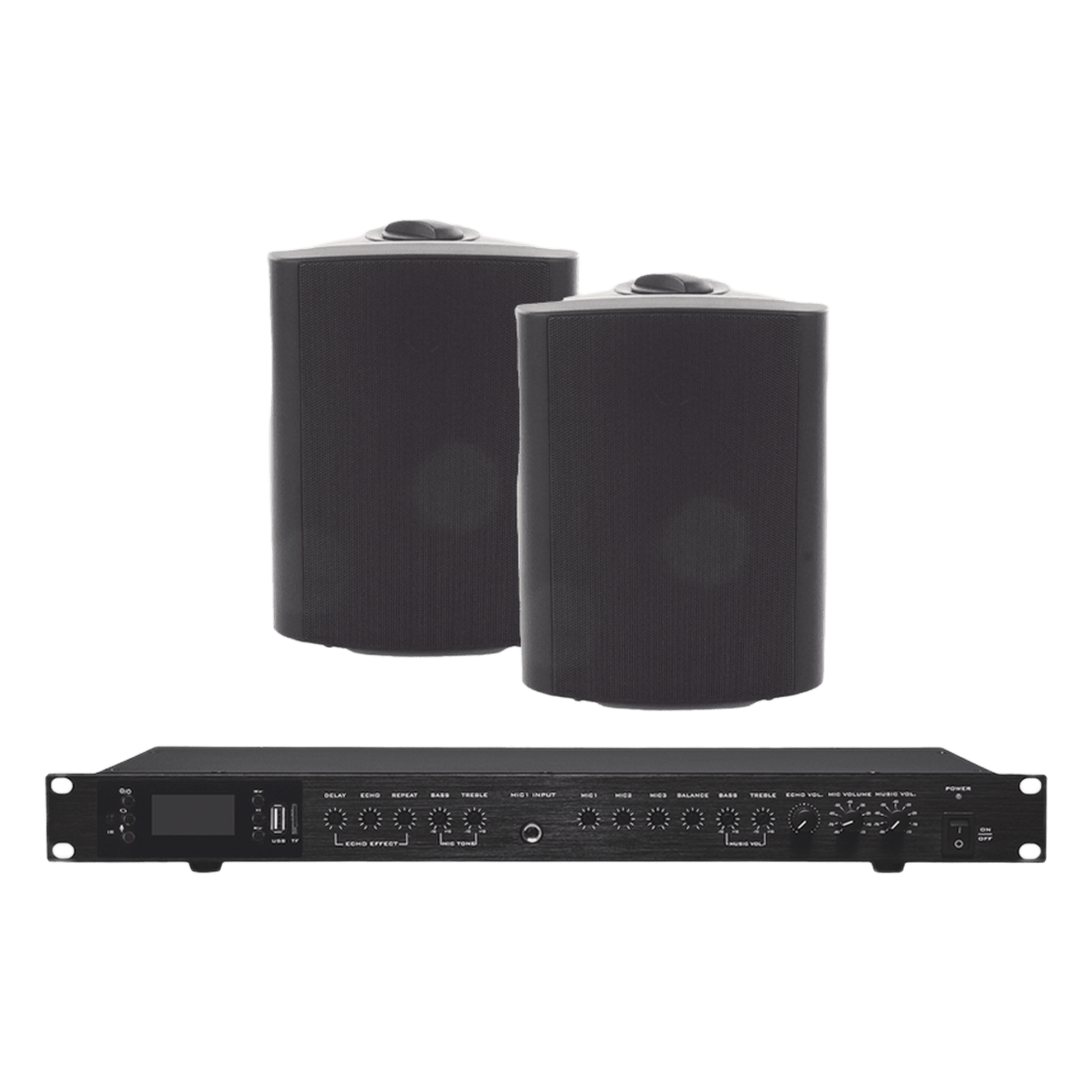 Amplificador de Audio / 2 x 60W / Baja Impedancia 4-8Ω / Bluetooth USB SD FM / 3 Entradas Micrófono / Efectos Delay Echo Repeat / 2 Bocinas Exterior 5.25' — EPCOM PROAUDIO · SKU EP2060W/2WSB