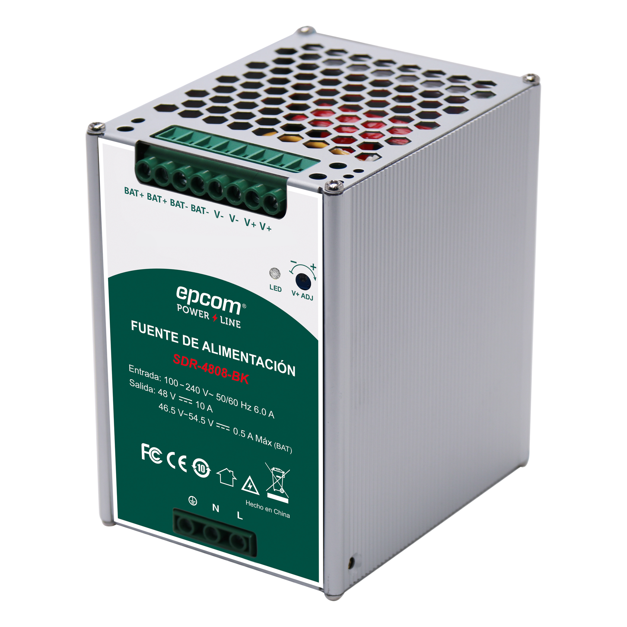 Fuente de Alimentación Industrial DIN Riel / 480 W / Salida 48 VCC 10 A / Eficiencia ≥93% / Carga de Batería / -20°C a 70°C