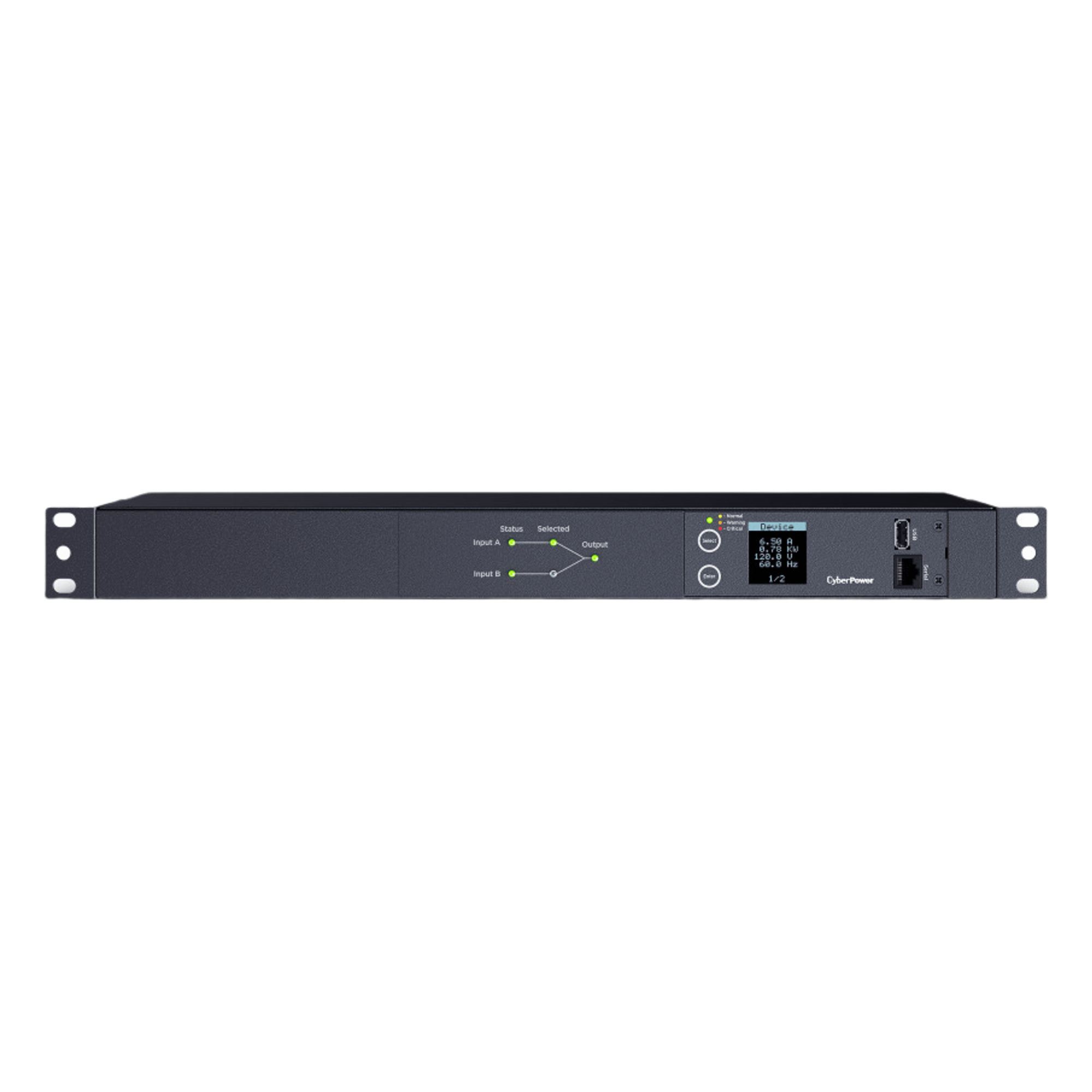 PDU ATS (Fuente Redundante Auto-transferible) Medible, Para Distribución de Energía, 2 Entradas 120 Vca NEMA5-15P, Con 10 Salidas NEMA 5-15R, Horizontal 19in, 1UR
