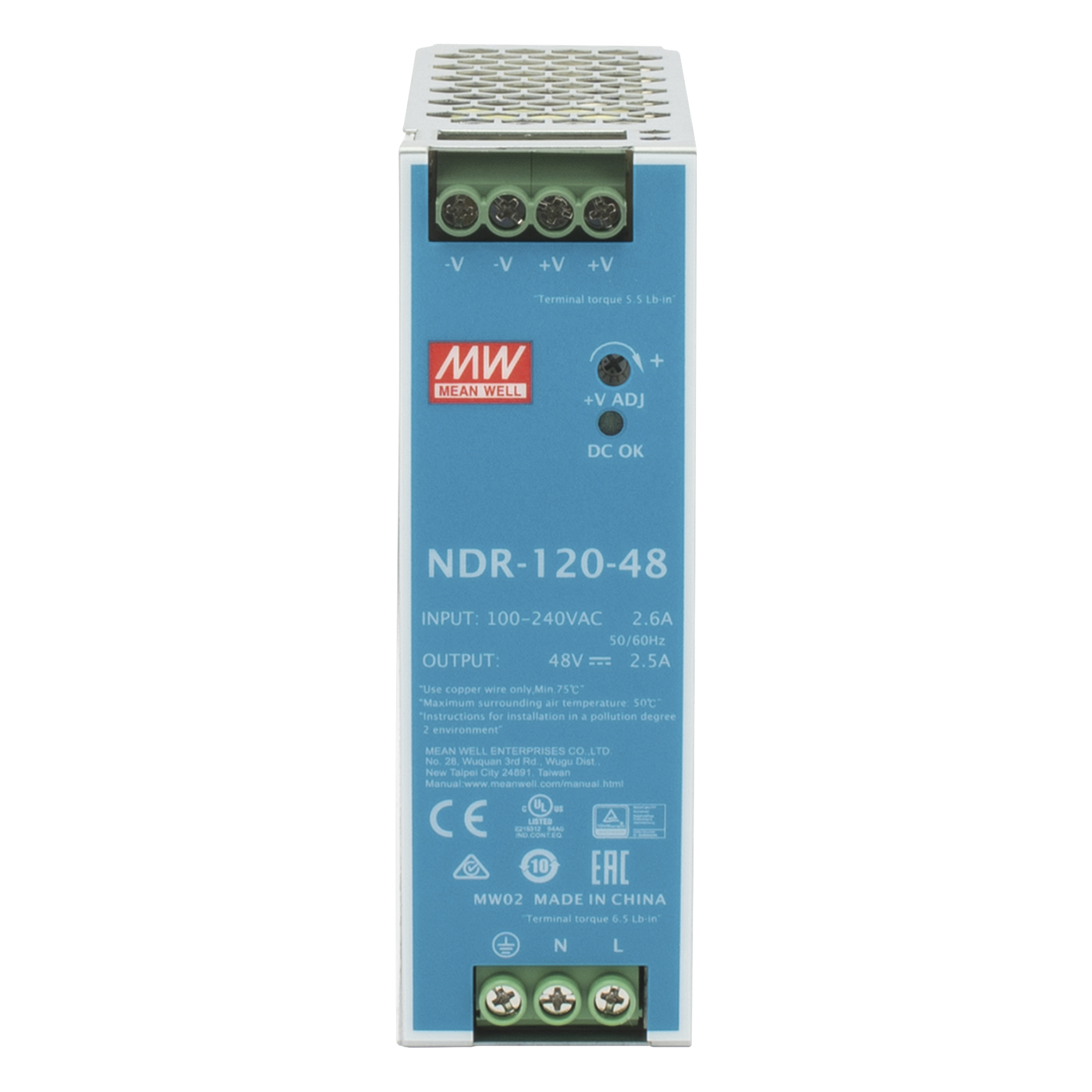 Fuente de poder industrial / 120 W / 48 Vcc / 2.5 A / Entrada universal 90~264 VCA / Riel DIN