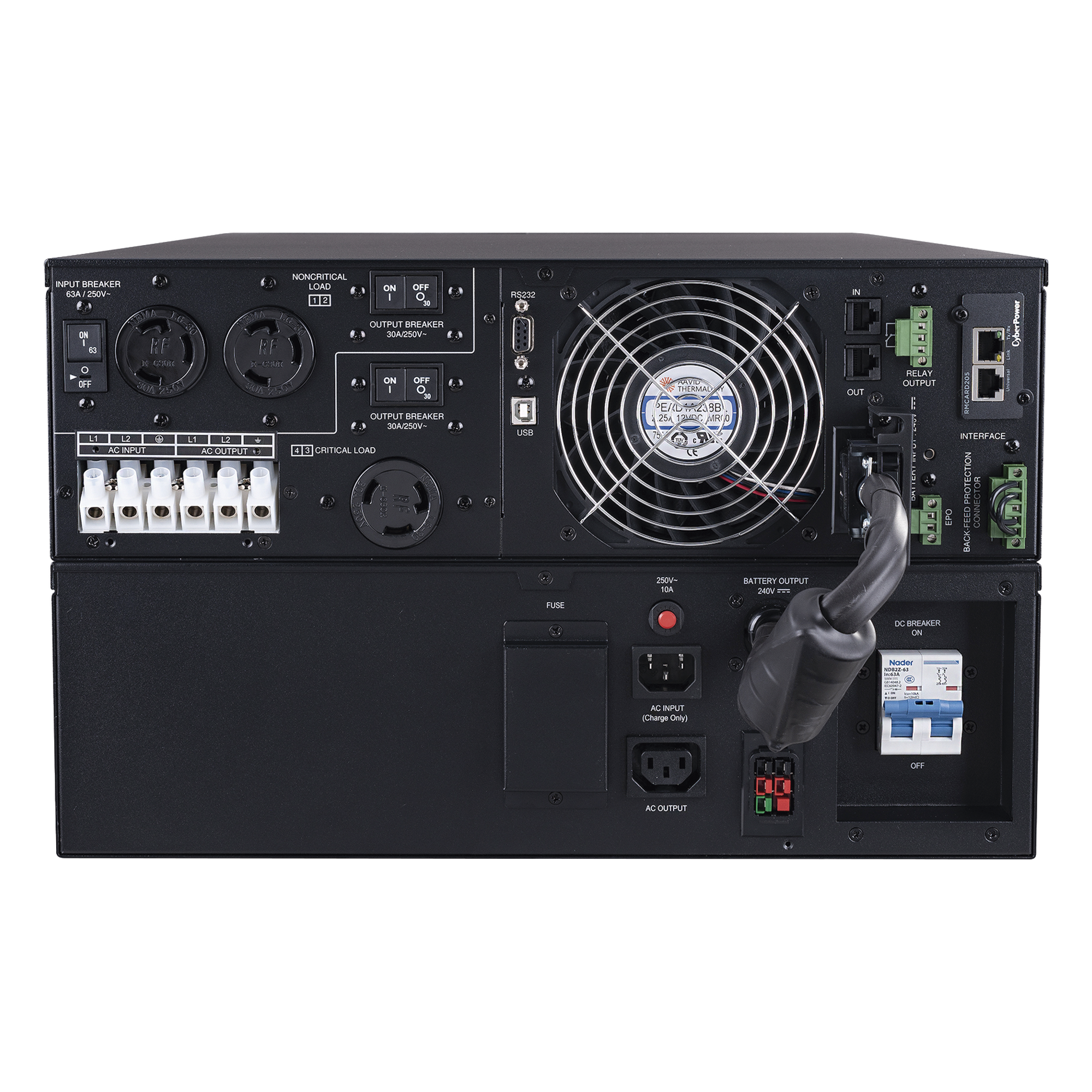 UPS Online Doble Conversión / 8000 VA / 8000 W / Salida 200-240 VAC / Onda Senoidal Pura / Rack 6U o Torre / Terminales Hardwired / 3 Tomas NEMA L6-30R