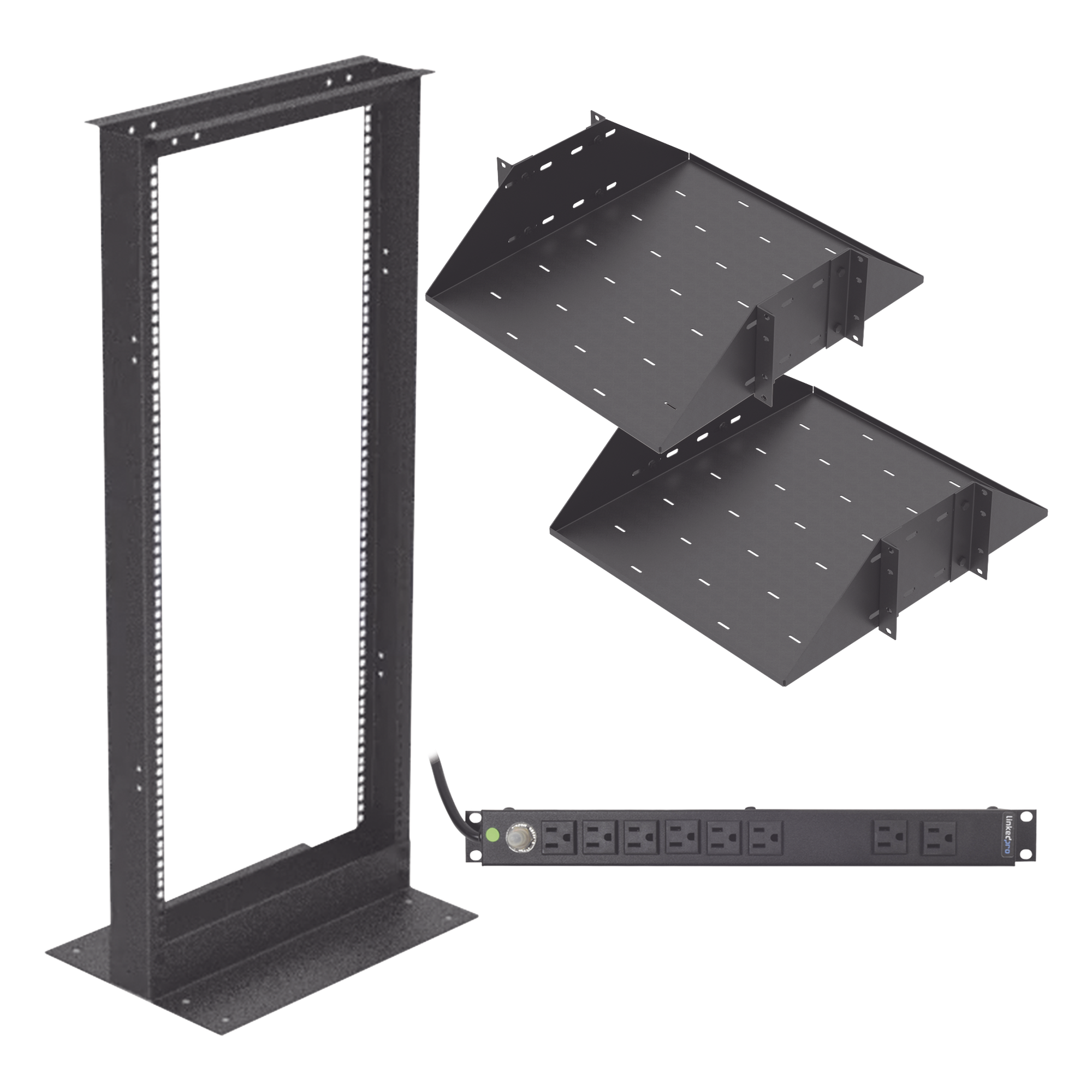 Kit de Rack 19" / 24 UR / 2 Charolas Centrales / PDU 10 Tomas 110 VCA / 15 A Máx. — LINKEDPRO BY EPCOM · SKU KIT-ORG-24HD