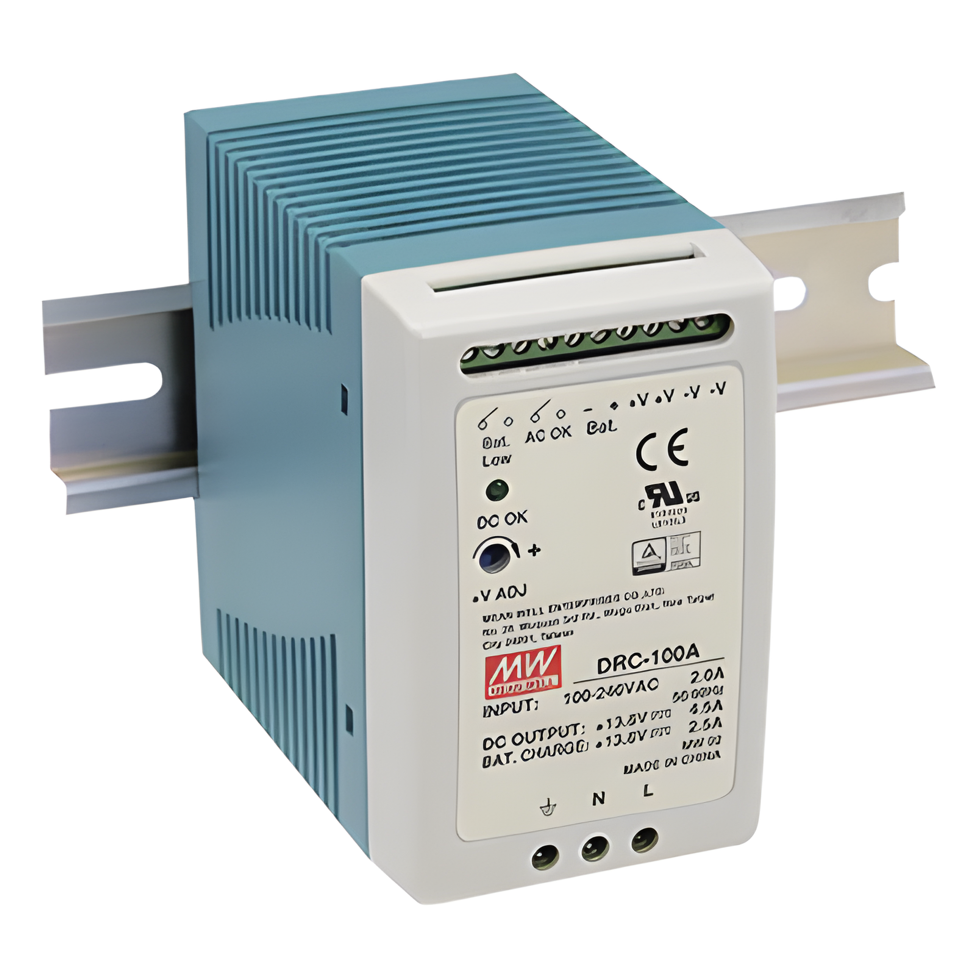 Fuente de Poder Riel DIN / 100W / Salida Dual 13.8V CC / Cargador de Batería Integrado / 87% Eficiencia / Convección Natural — MEANWELL · SKU DRC-100-A
