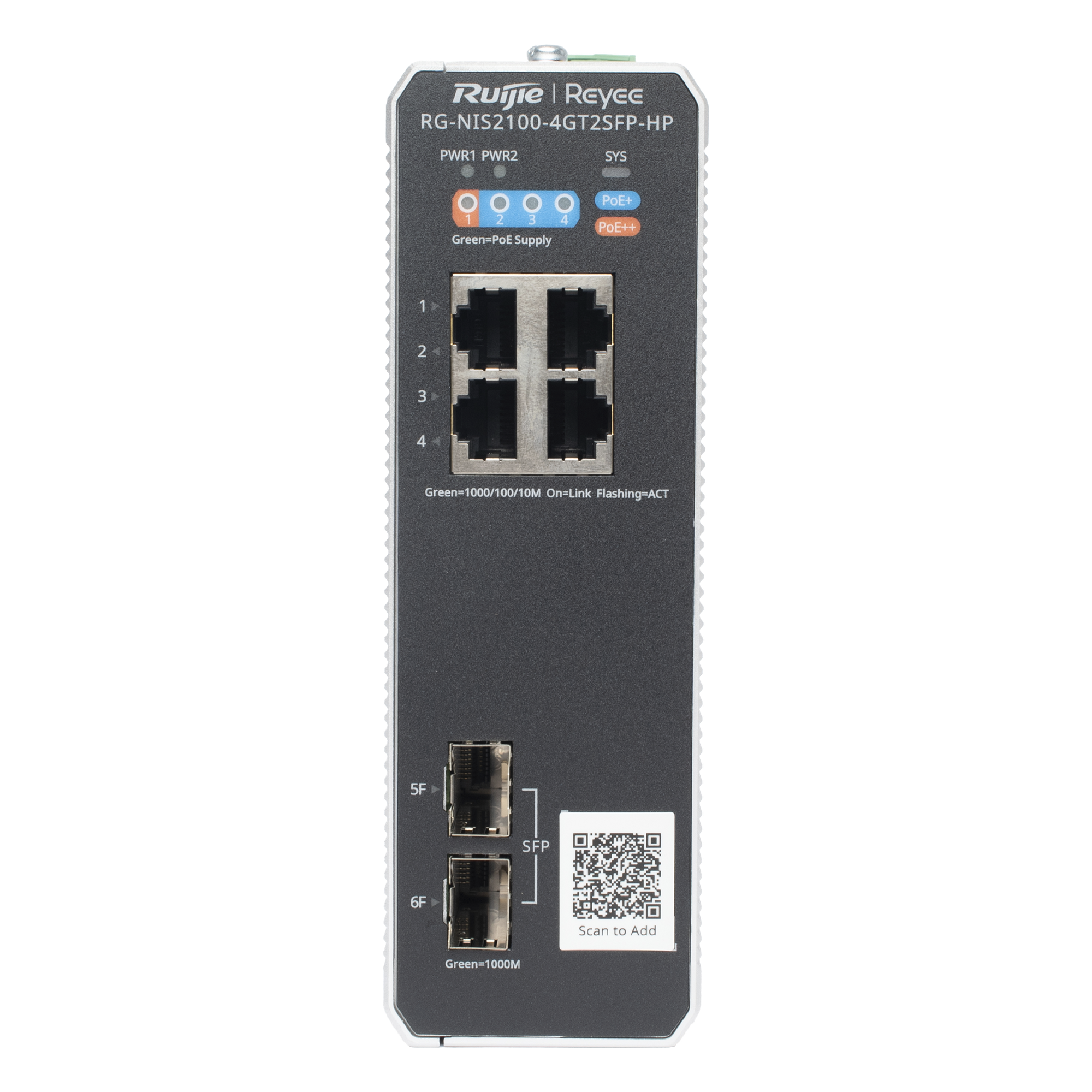 Switch Industrial PoE+ / 4 Puertos Gigabit / 1 PoE++ 60W + 3 PoE+ 30W / 2 SFP Uplink / 12 Gbps / -40°C a 75°C / Protección 6 kV — RUIJIE · SKU RG-NIS2100-4GT2SFP-HP