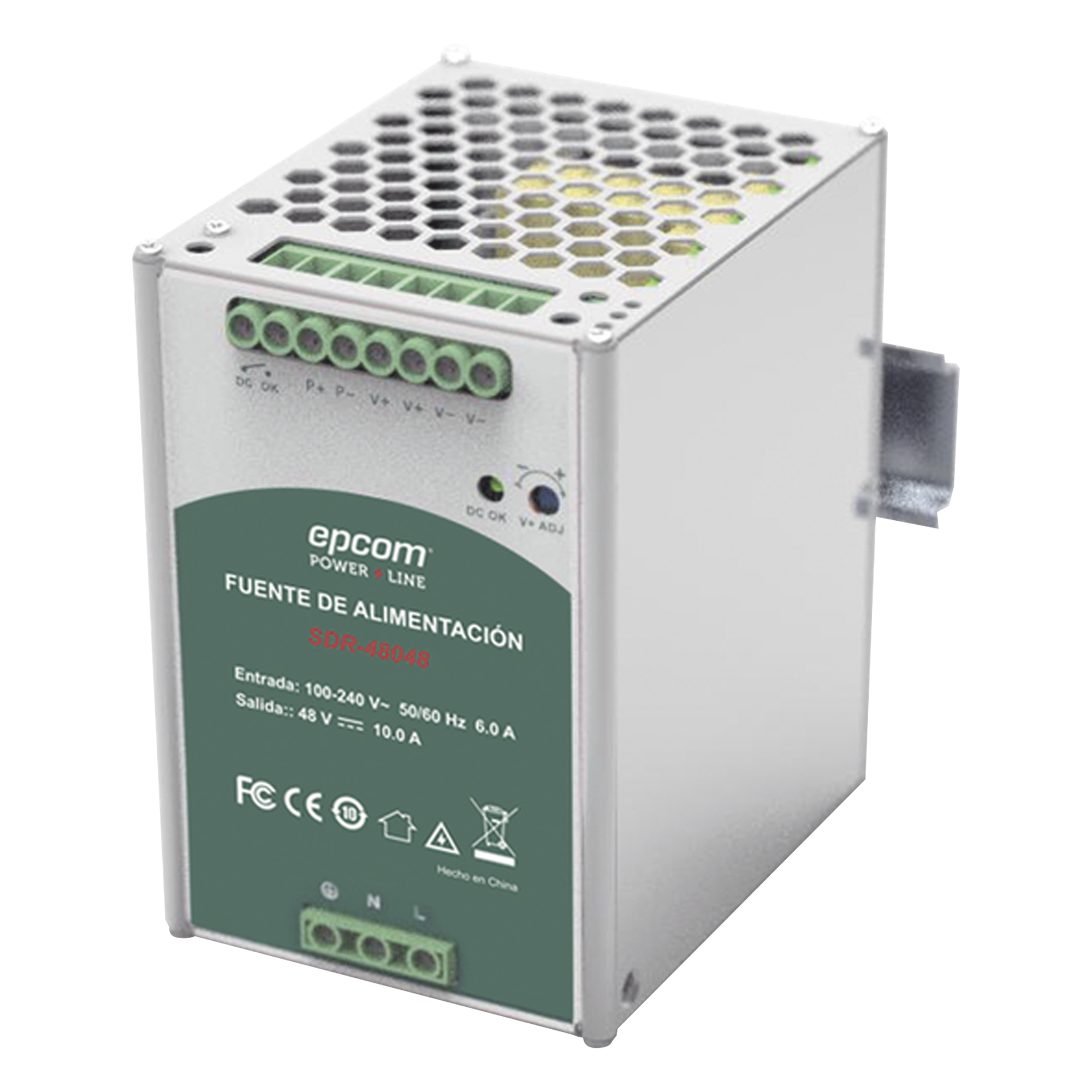 Fuente de Poder Industrial / 48 VCC @ 10A / 480W / Entrada Universal 100-240 VCA / Operación -20°C a 70°C / Riel DIN — EPCOM POWERLINE · SKU SDR-48048