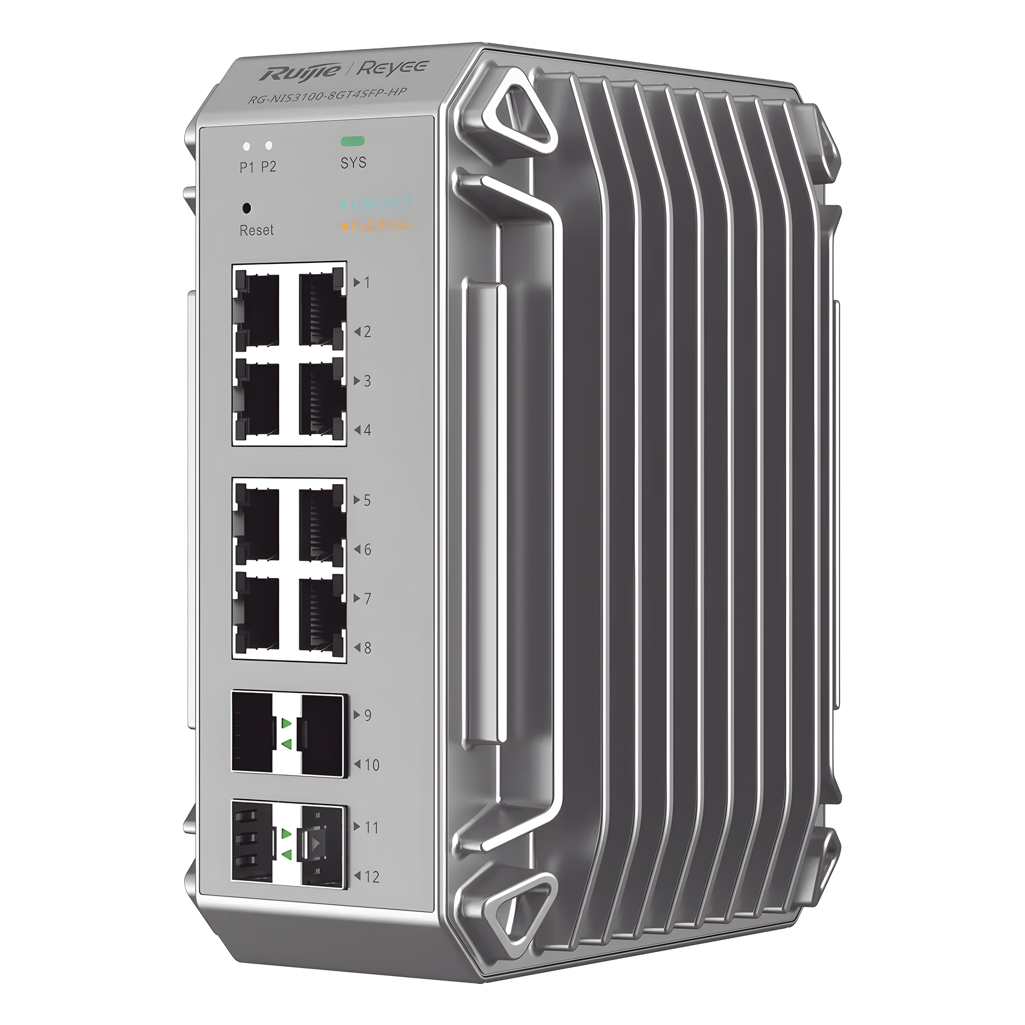 Switch Industrial PoE / 8 Puertos Gigabit 802.3af/at / 4 Puertos SFP / Administrable Cloud / -40°C a 75°C / Doble Fuente AC/DC — RUIJIE · SKU RG-NIS3100-8GT4SFP-HP