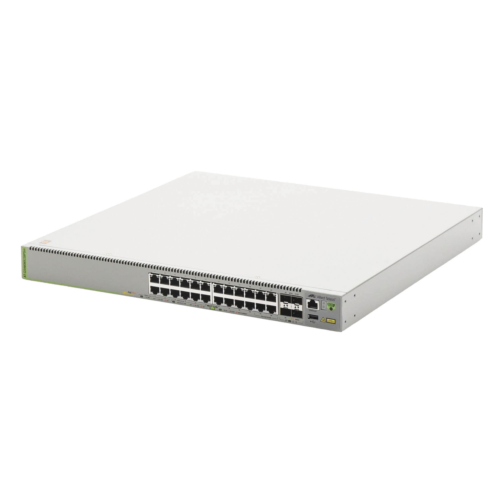Switch L3 Apilable / 20x 1G PoE+ / 4x MultiGigabit 2.5G/5G PoE+ / 4x SFP+ 10G / 370W PoE / Stack 4 Unidades — ALLIED TELESIS · SKU AT-GS980MX/28PSM-10