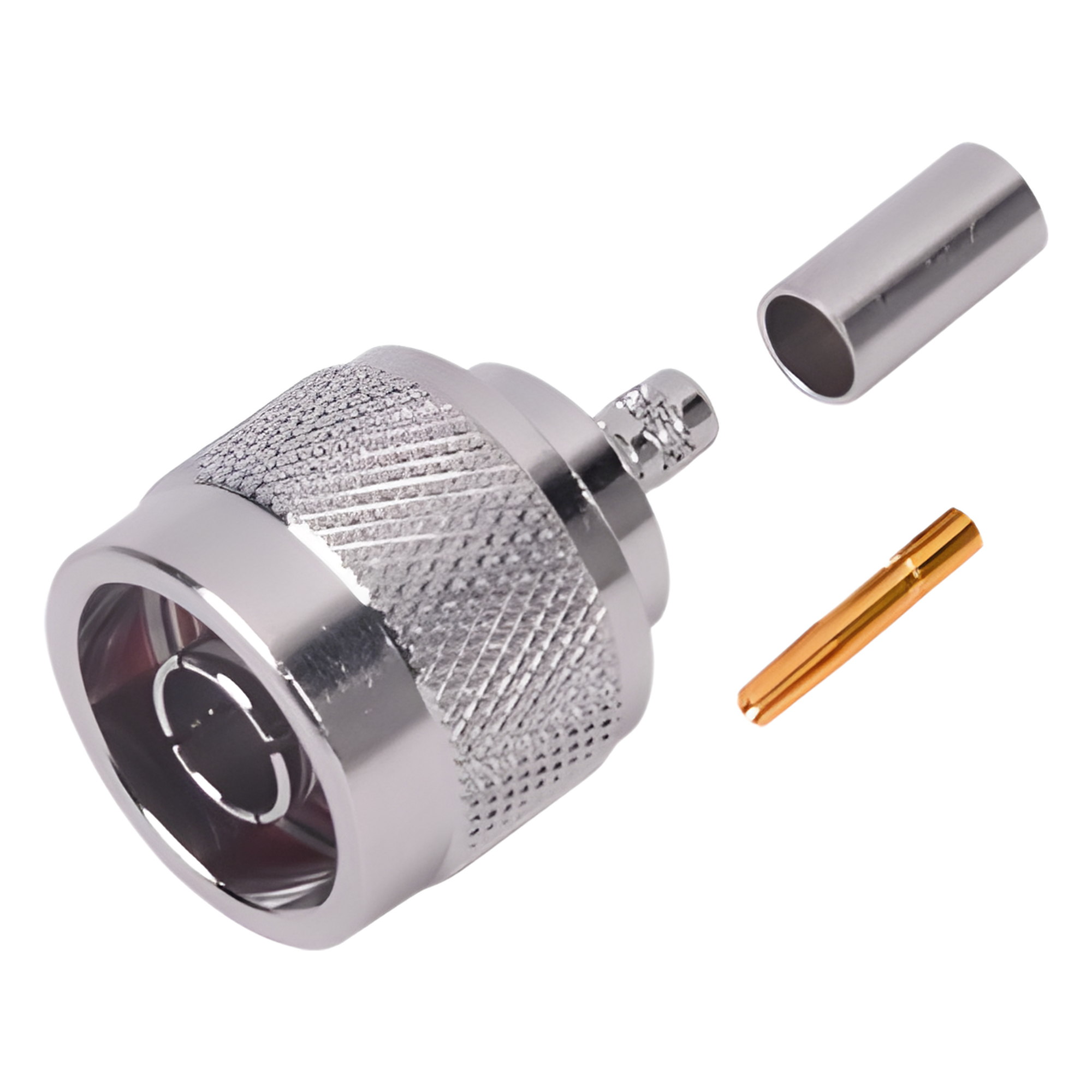 Conector N Macho Inverso / Anillo Plegable / Cuerpo Bronce Niquelado / Contacto Oro / Teflón / RG-58/U, RG-142/U — RF INDUSTRIES,LTD · SKU RP-1005-C