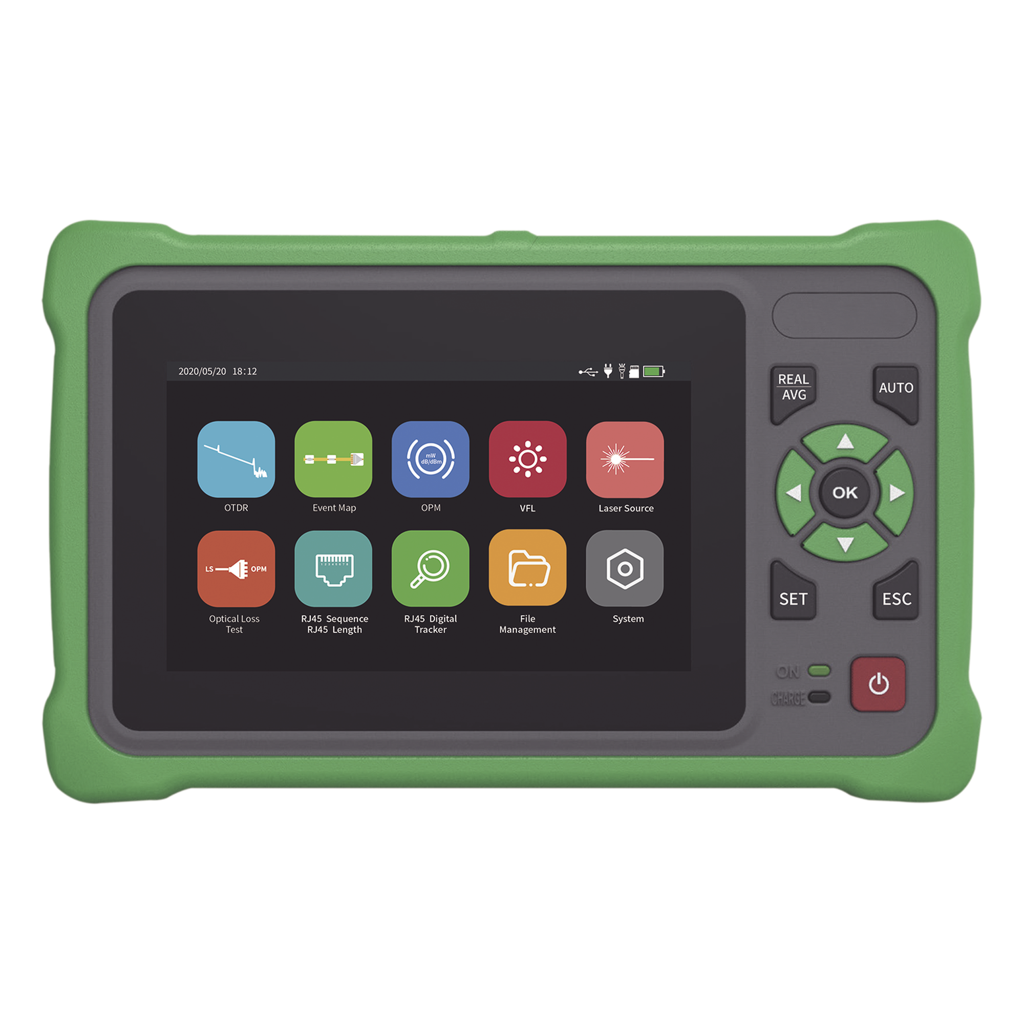OTDR Touch / Longitudes de Onda 1310nm y 1550nm / Rango Dinámico 26/24 dB / VFL 10mW / OPM / Mapeo de Cables RJ45 / Batería 5000 mAh / Alcance hasta 260 km — LINKEDPRO BY EPCOM · SKU LP-OTDR-T