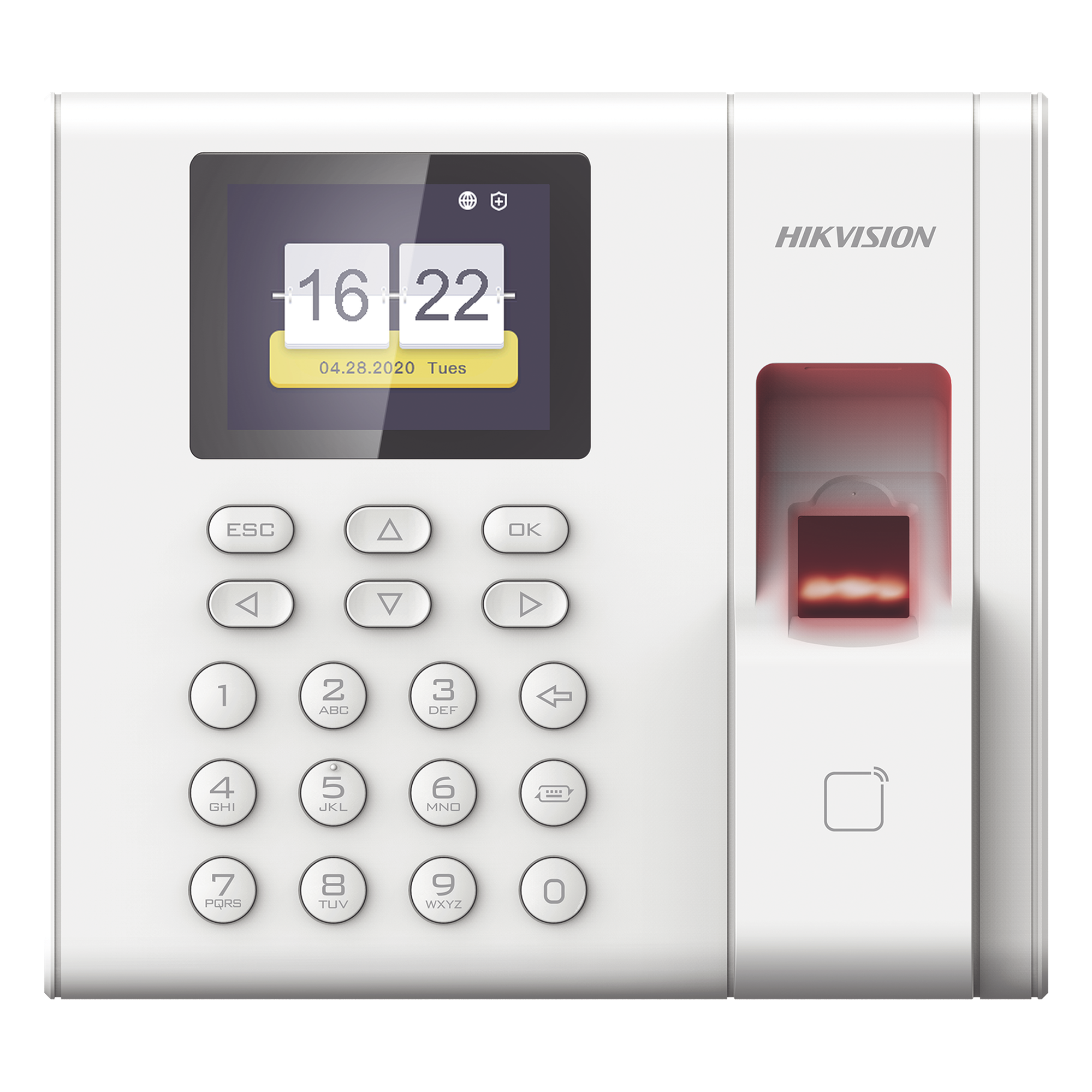 Lector de Control de Acceso y Asistencia / Reconocimiento de Huella <1s / 1,000 Usuarios / 100,000 Eventos / LCD 2.4 Pulgadas / TCP-IP / EM 125 kHz / Batería de Respaldo 2 h — HIKVISION · SKU DS-K1A8503EF-B