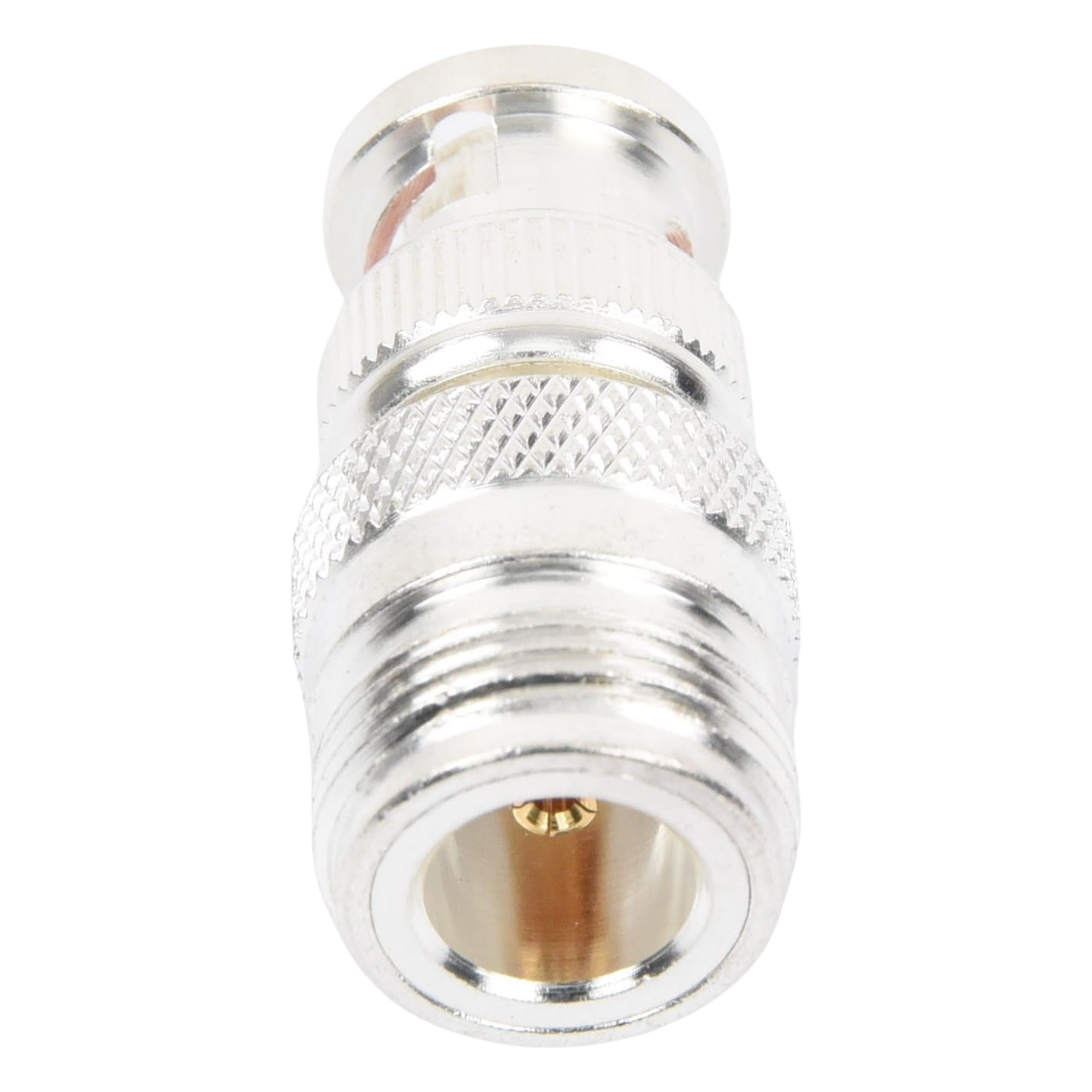 Adaptador RF Coaxial / 50 Ohm / N Hembra a BNC Macho / Montaje en Línea / Cuerpo Bronce Plateado / Contacto Oro / Aislante Teflón