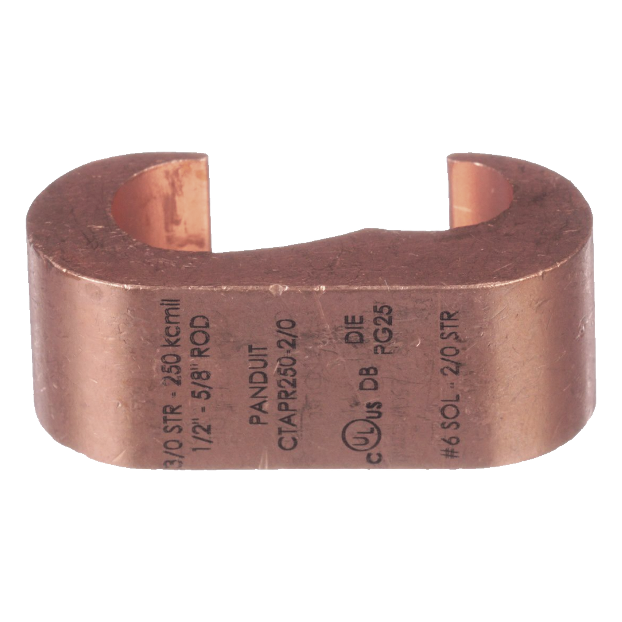 Conector de Puesta a Tierra Estilo E / Conductor Cobre 6-2 AWG / Varilla 1/4" (6.4 mm) / Cobre Alta Conductividad / 0.75" (19.1 mm) Longitud — PANDUIT · SKU CTAPR2-2-L