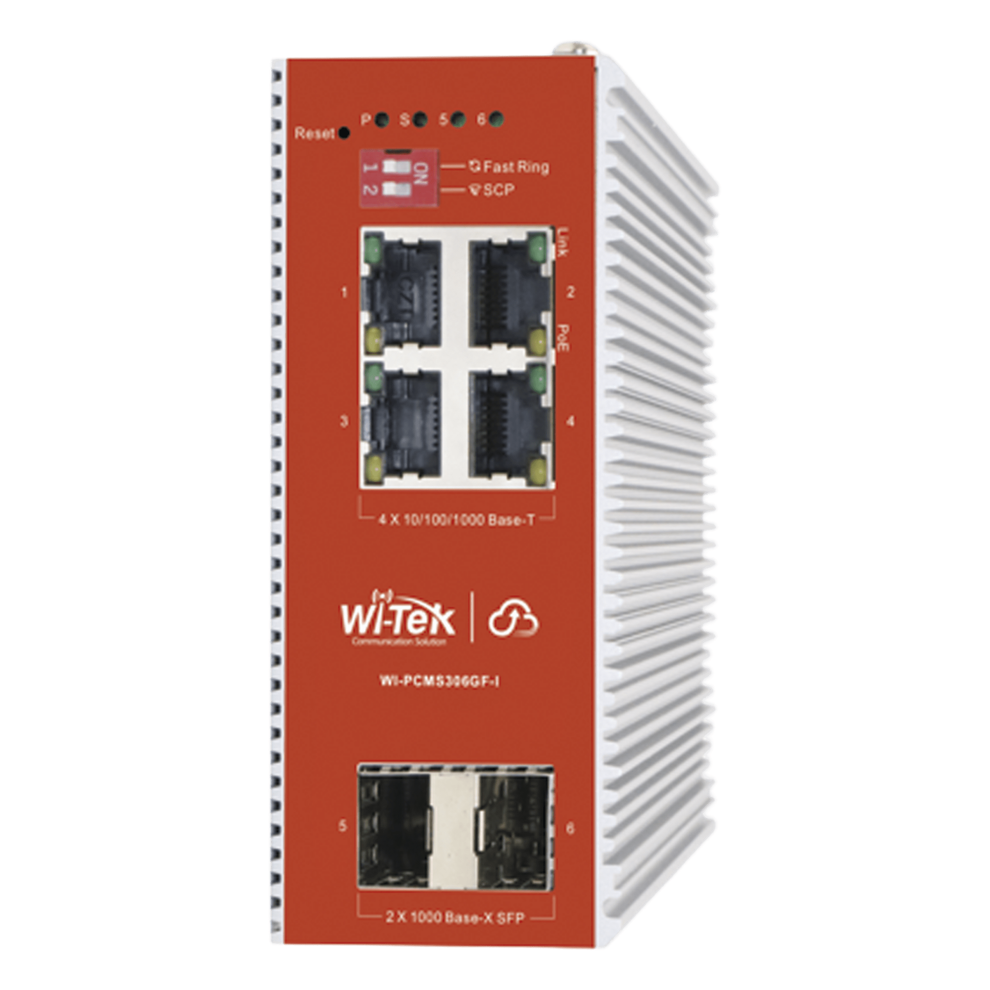 Switch PoE Industrial L2+ / 4 Puertos Gigabit PoE 802.3af/at / 2 Puertos SFP / Presupuesto PoE 120 W / Administración Cloud / Protocolo ERPS / Sin Ventiladores / IP40 — WI-TEK · SKU WI-PCMS306GF-I