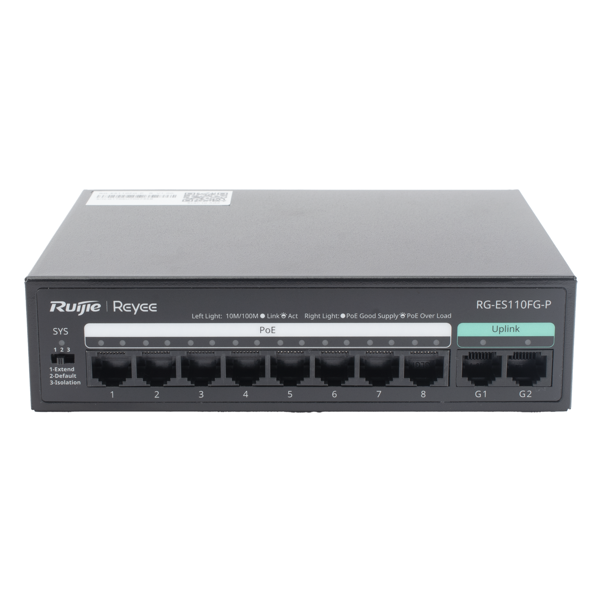Switch PoE+ No Administrable / 8 Puertos PoE+ 10/100 / 2 Uplinks Gigabit / 110 W / Sin Ventilador / Protección 4 kV — RUIJIE · SKU RG-ES110FG-P
