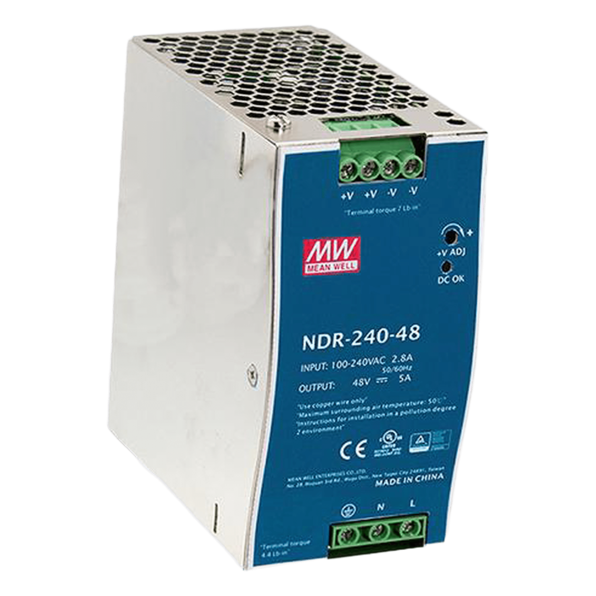 Fuente de Poder Industrial / 240W / 48Vcc / 5A / Riel DIN / Entrada Universal 90-264Vca — MEANWELL · SKU NDR24048