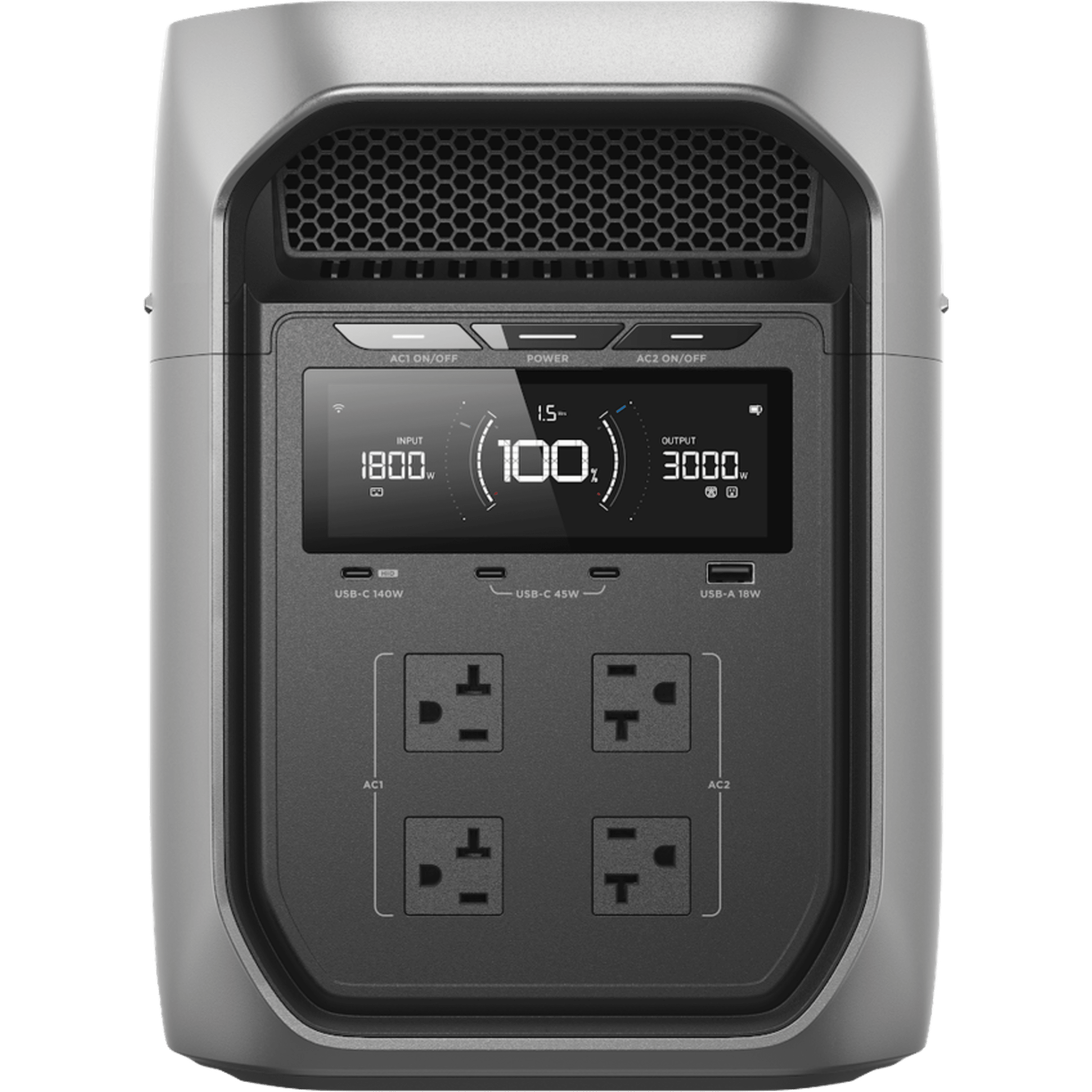 Estación de Energía Portátil / 2048 Wh (expandible a 10 kWh) / Salida AC 3000W (Pico 6000W) / Carga 0-80% en 64 min / UPS 10 ms / LiFePO4 — ECOFLOW · SKU EFDL3MP
