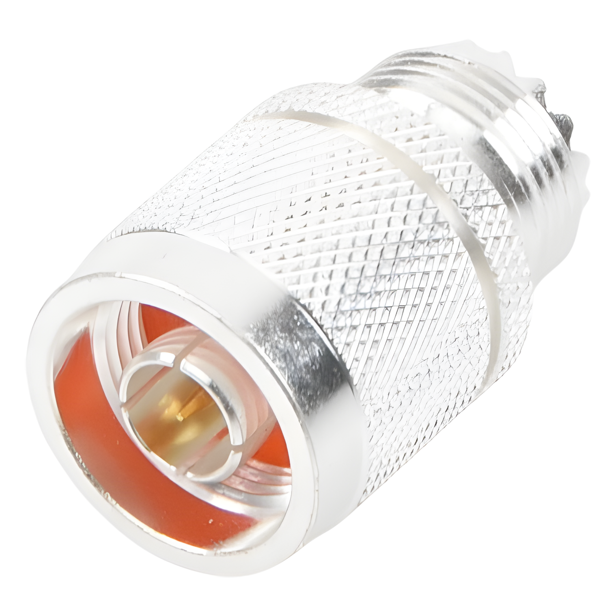 Adaptador Coaxial en Línea / Conector N Macho a UHF Hembra (SO-239) / Cuerpo Bronce Plateado / Contacto Oro / Aislante Teflón