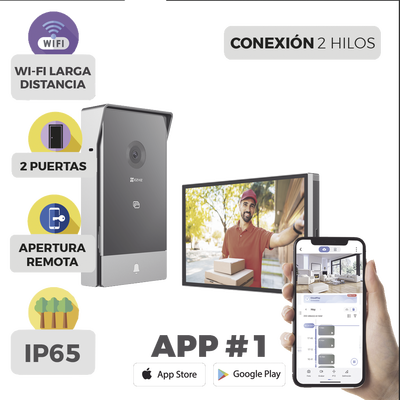 Videoportero IP Conexión a 2 Hilos / Con Monitor Wi-Fi para Interior / Frente de Calle  IP65 Uso En Exterior Debe Tener Protección / Cámara 3 Megapíxel / Llamada a la App / Apertura remota  / Apertura de 1 Puerta y un 1 Porton 
